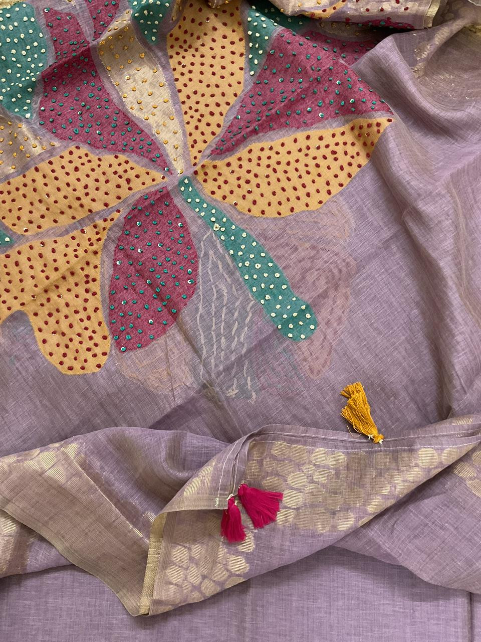 Pure Slub Chanderi Jamdani Weaved Embroidered Suit - Lavender