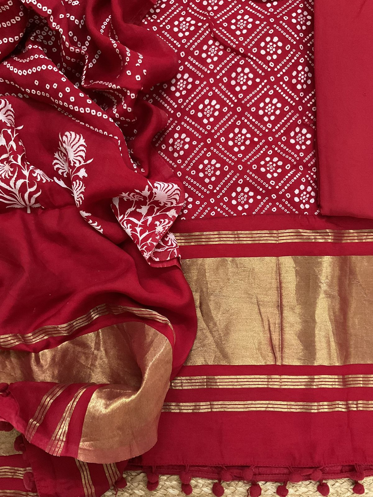 Soft Modal Cotton Printed Banarasi Weaved Suit - Red
