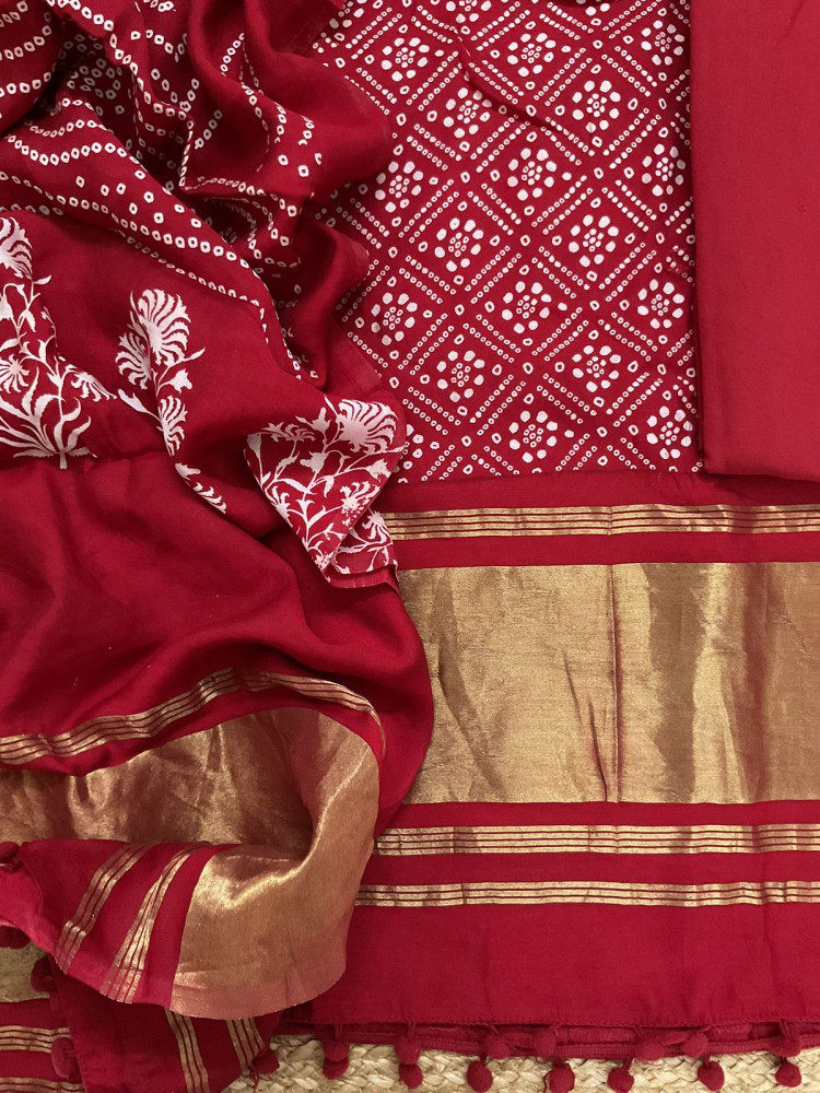 Image of Soft Modal Cotton Printed Banarasi Weaved Suit - Red