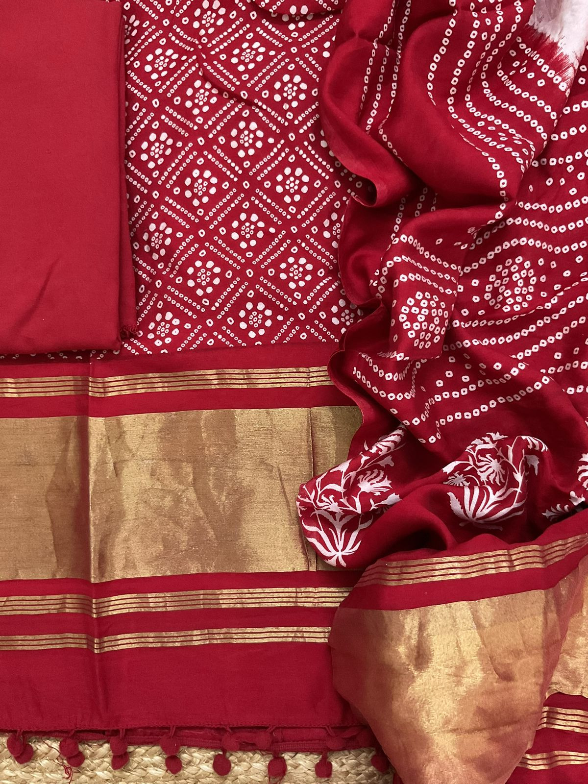 Soft Modal Cotton Printed Banarasi Weaved Suit - Red