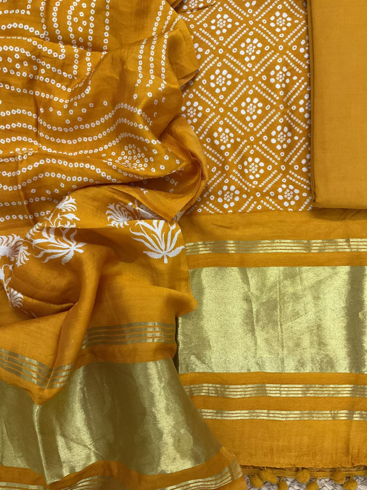 Image of Soft Modal Cotton Printed Banarasi Weaved Suit - Yellow