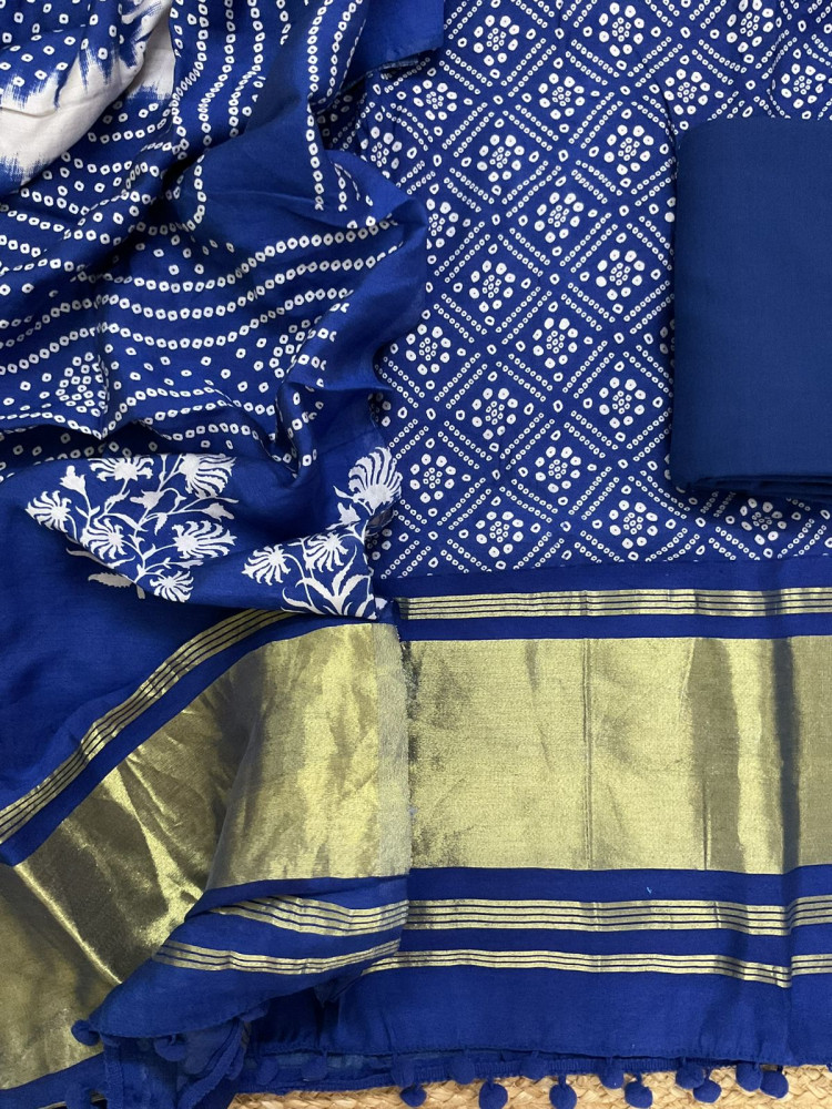 Image of Soft Modal Cotton Printed Banarasi Weaved Suit - Blue
