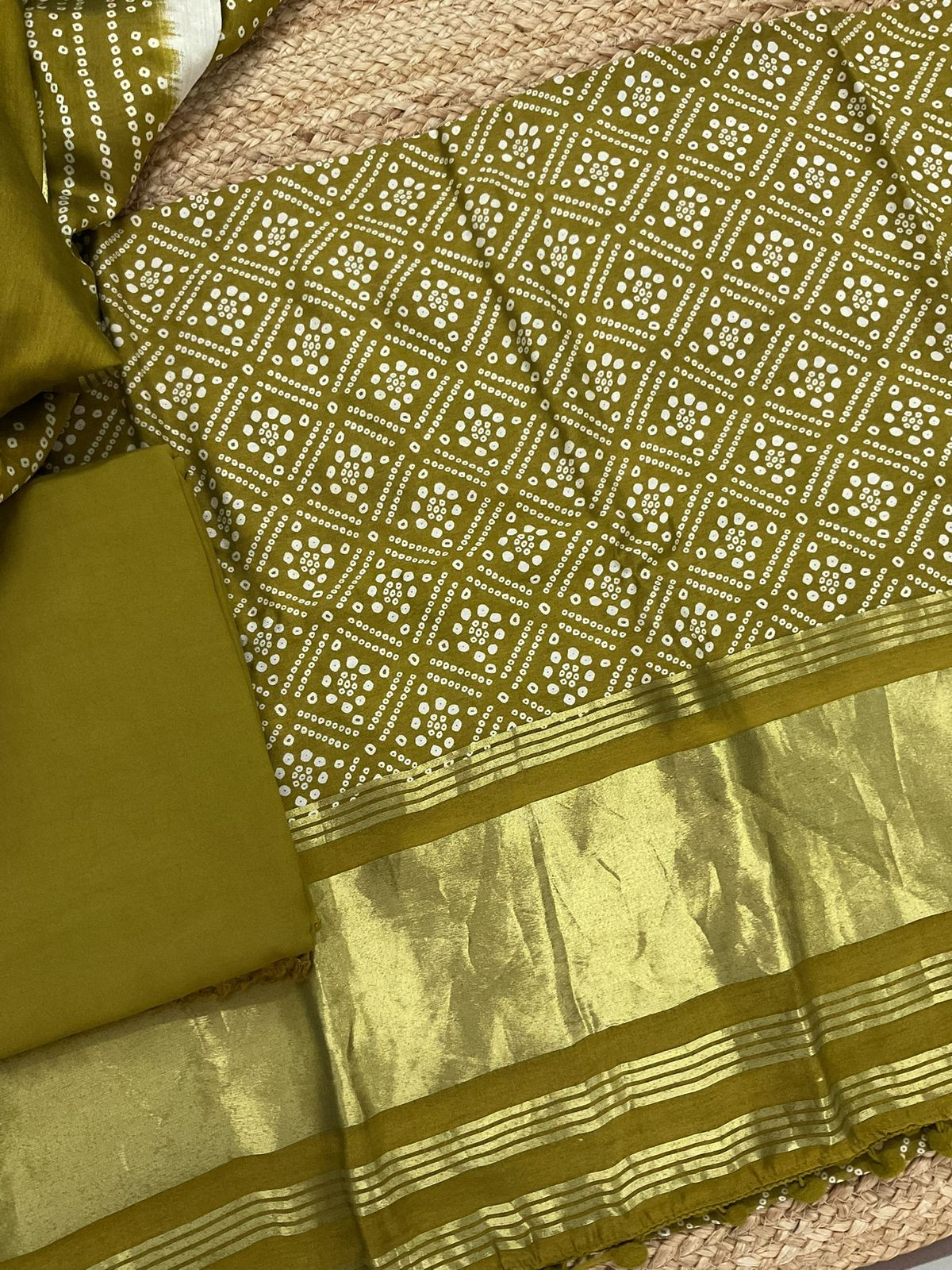 Soft Modal Cotton Printed Banarasi Weaved Suit - Green