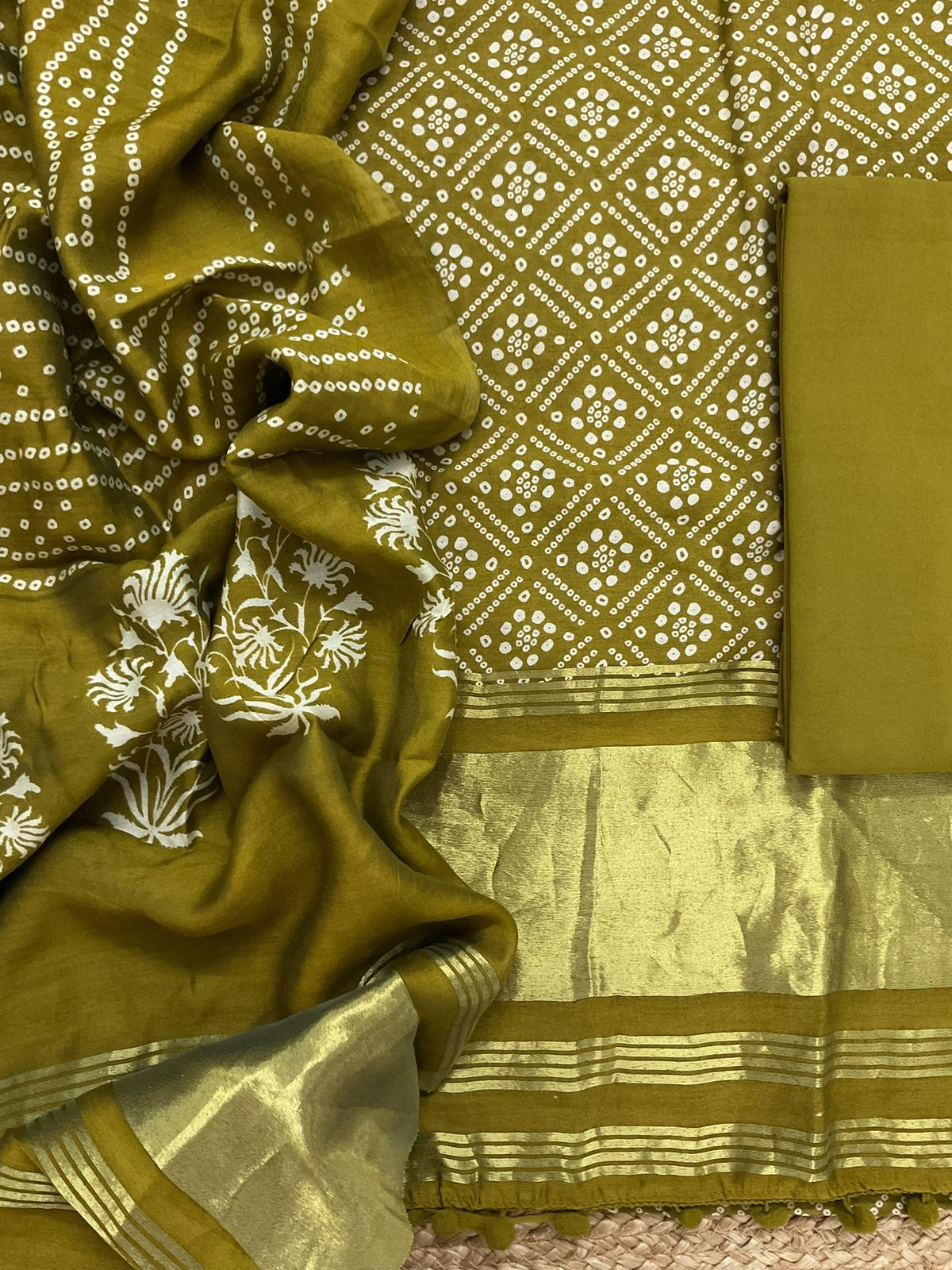 Soft Modal Cotton Printed Banarasi Weaved Suit - Green