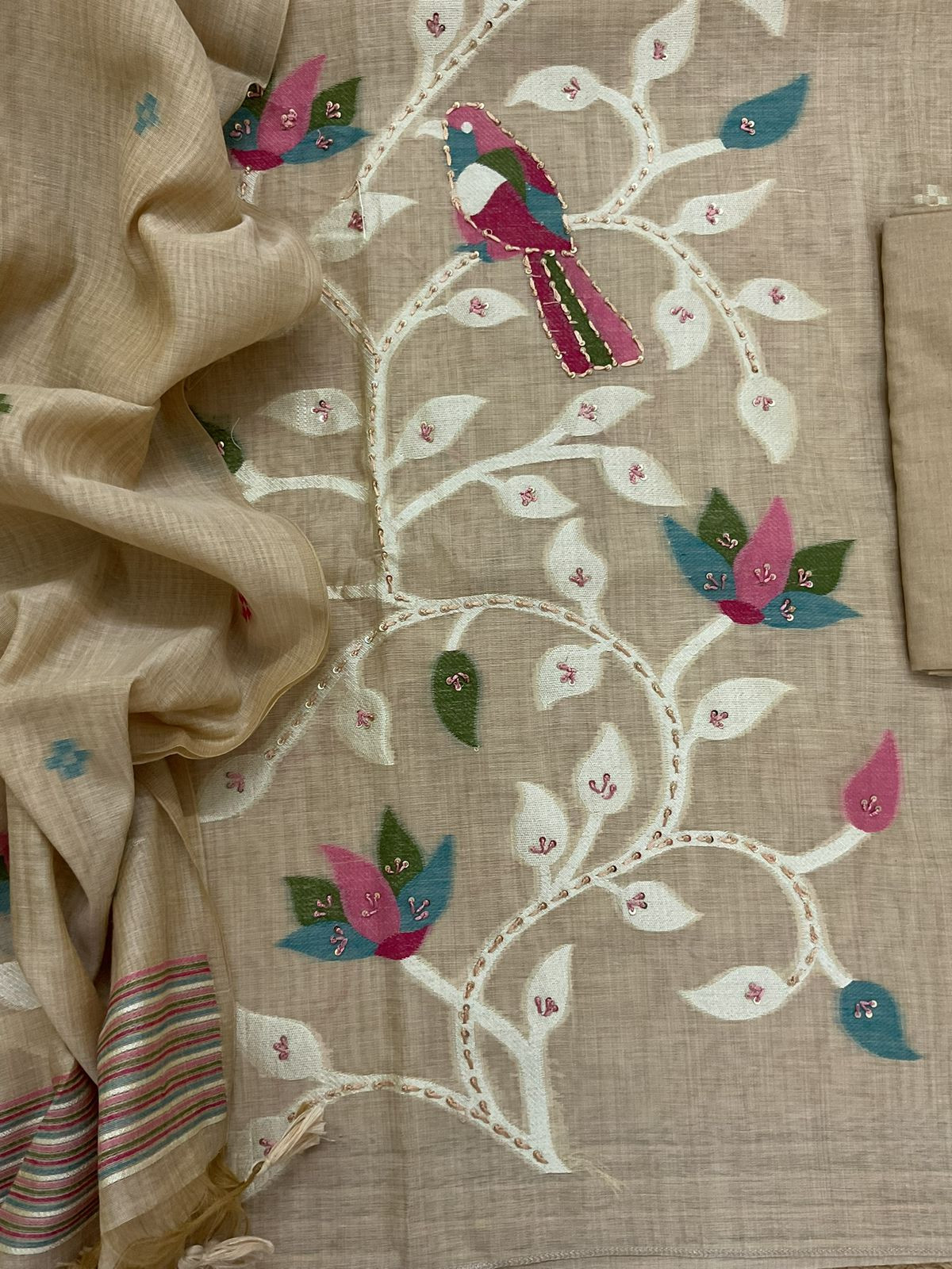 Soft Slub Chanderi Jamdani Weaved Embroidered Suit - Beige
