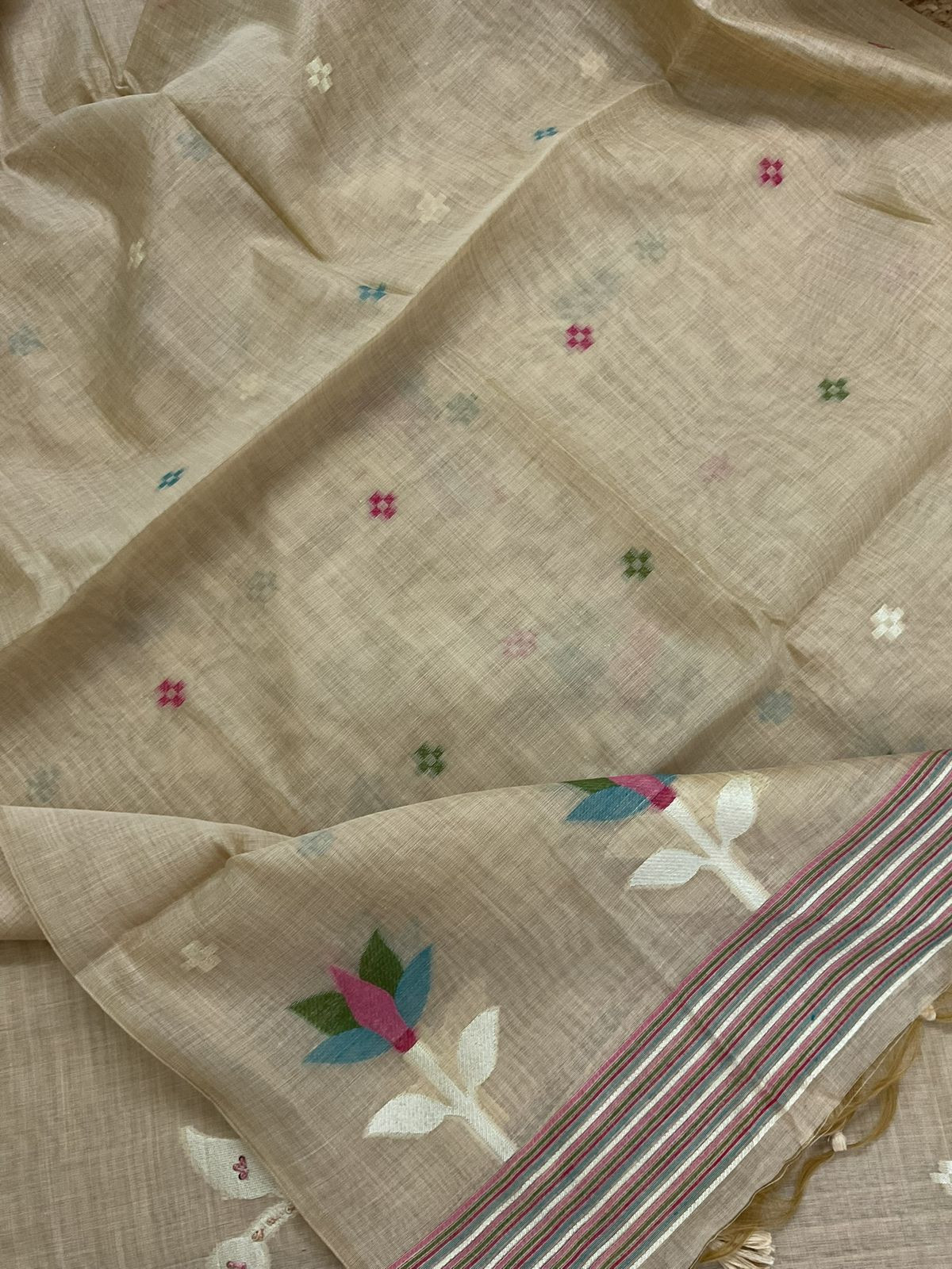 Soft Slub Chanderi Jamdani Weaved Embroidered Suit - Beige