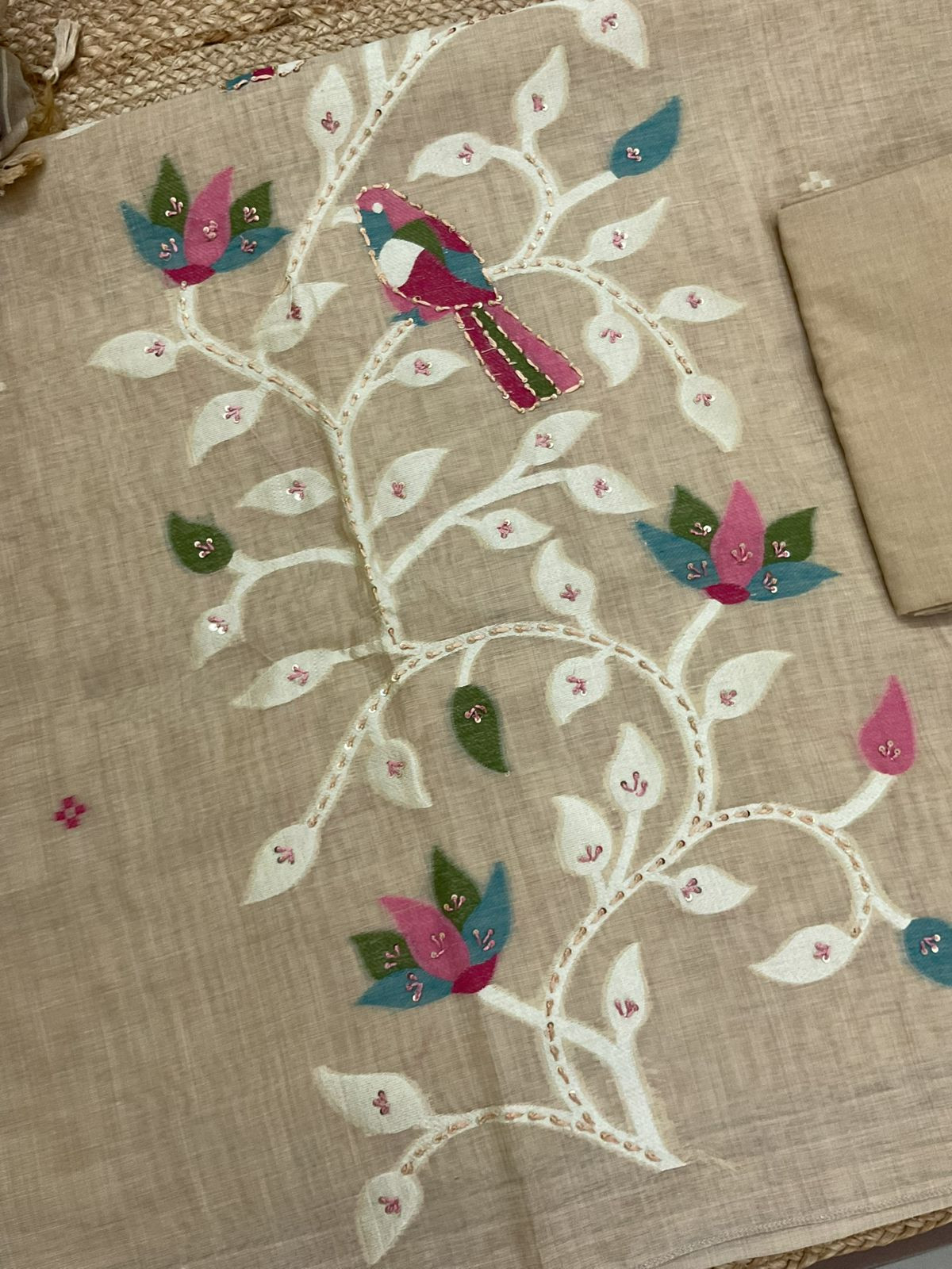 Soft Slub Chanderi Jamdani Weaved Embroidered Suit - Beige