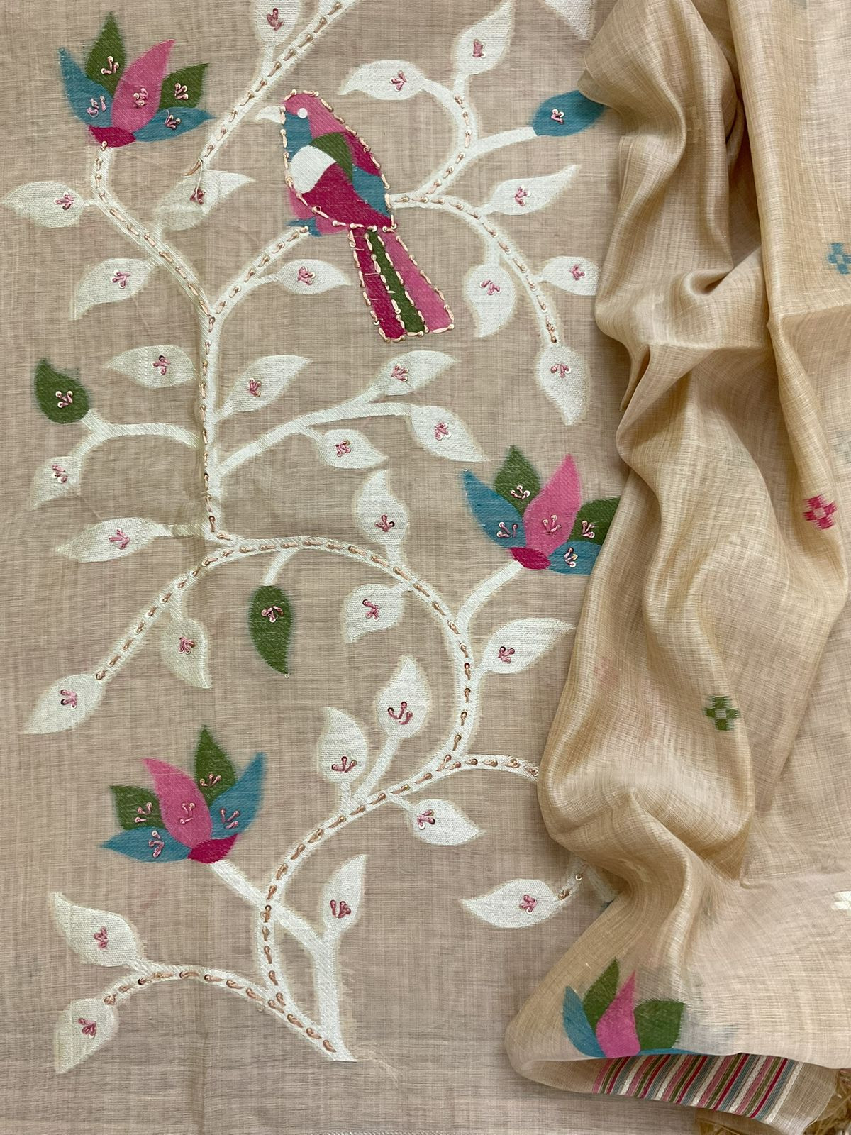 Soft Slub Chanderi Jamdani Weaved Embroidered Suit - Beige