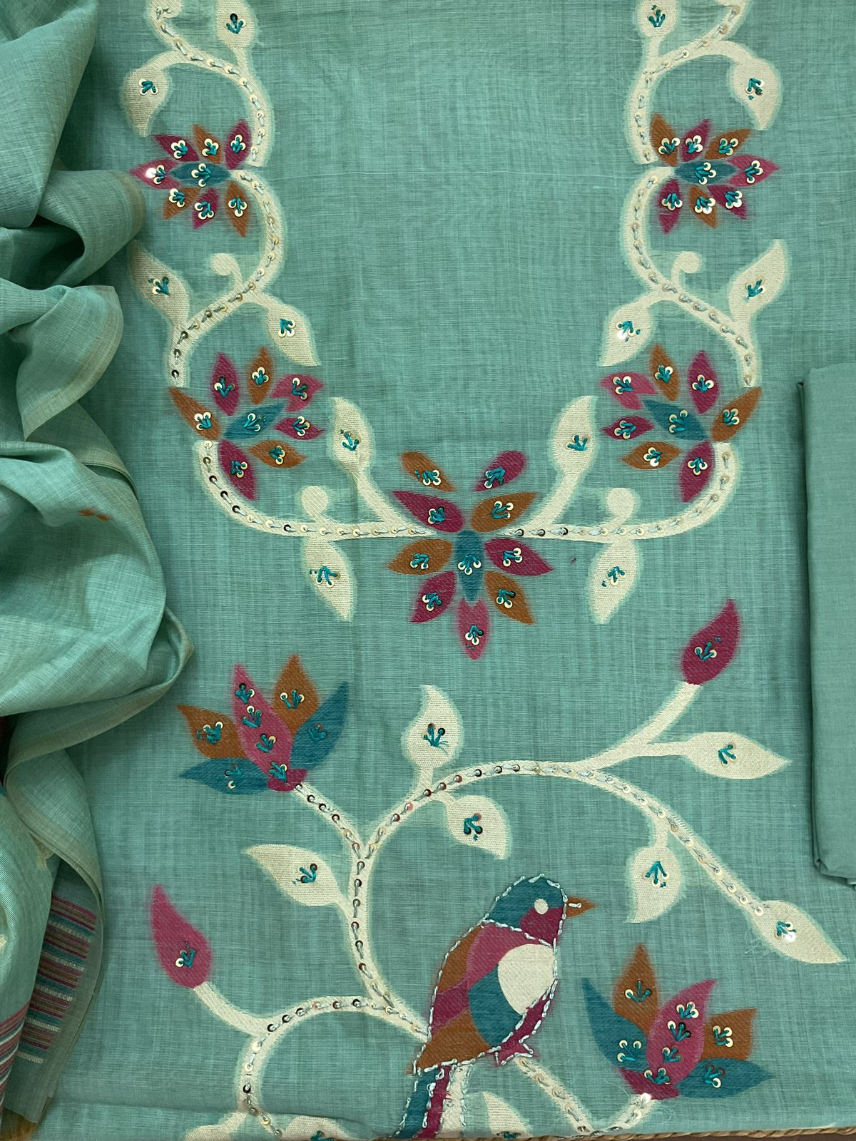 Soft Slub Chanderi Jamdani Weaved Embroidered Suit - Blue