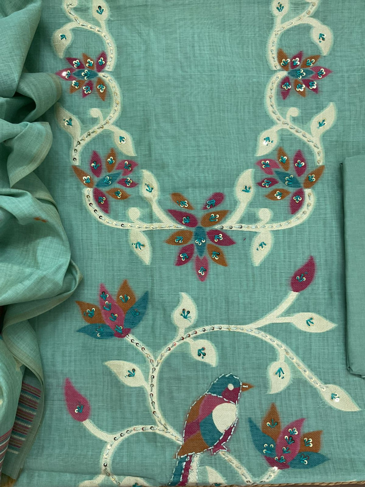 Image of Soft Slub Chanderi Jamdani Weaved Embroidered Suit - Blue