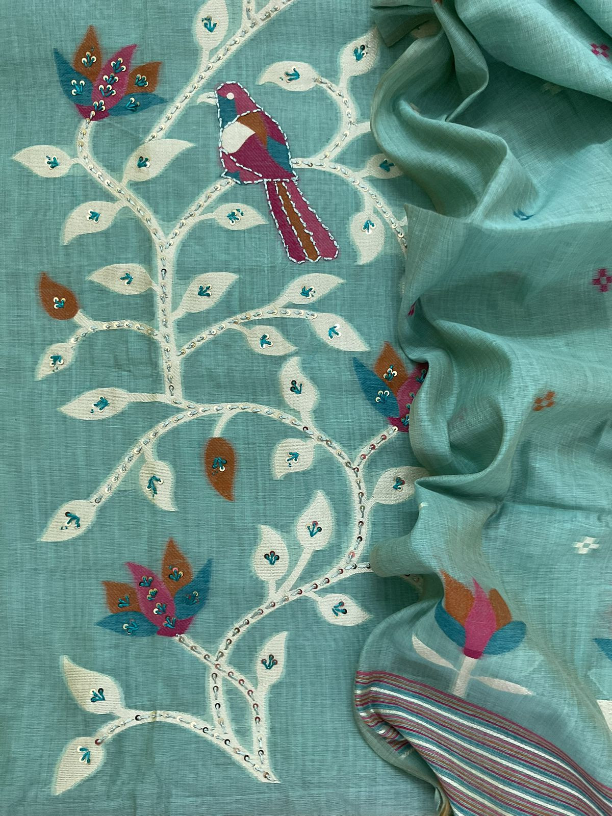 Soft Slub Chanderi Jamdani Weaved Embroidered Suit - Blue