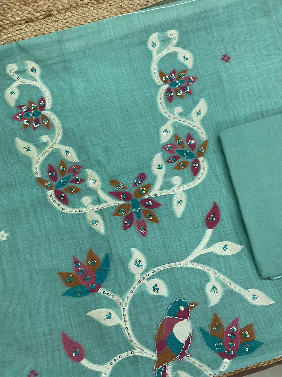 Soft Slub Chanderi Jamdani Weaved Embroidered Suit - Blue