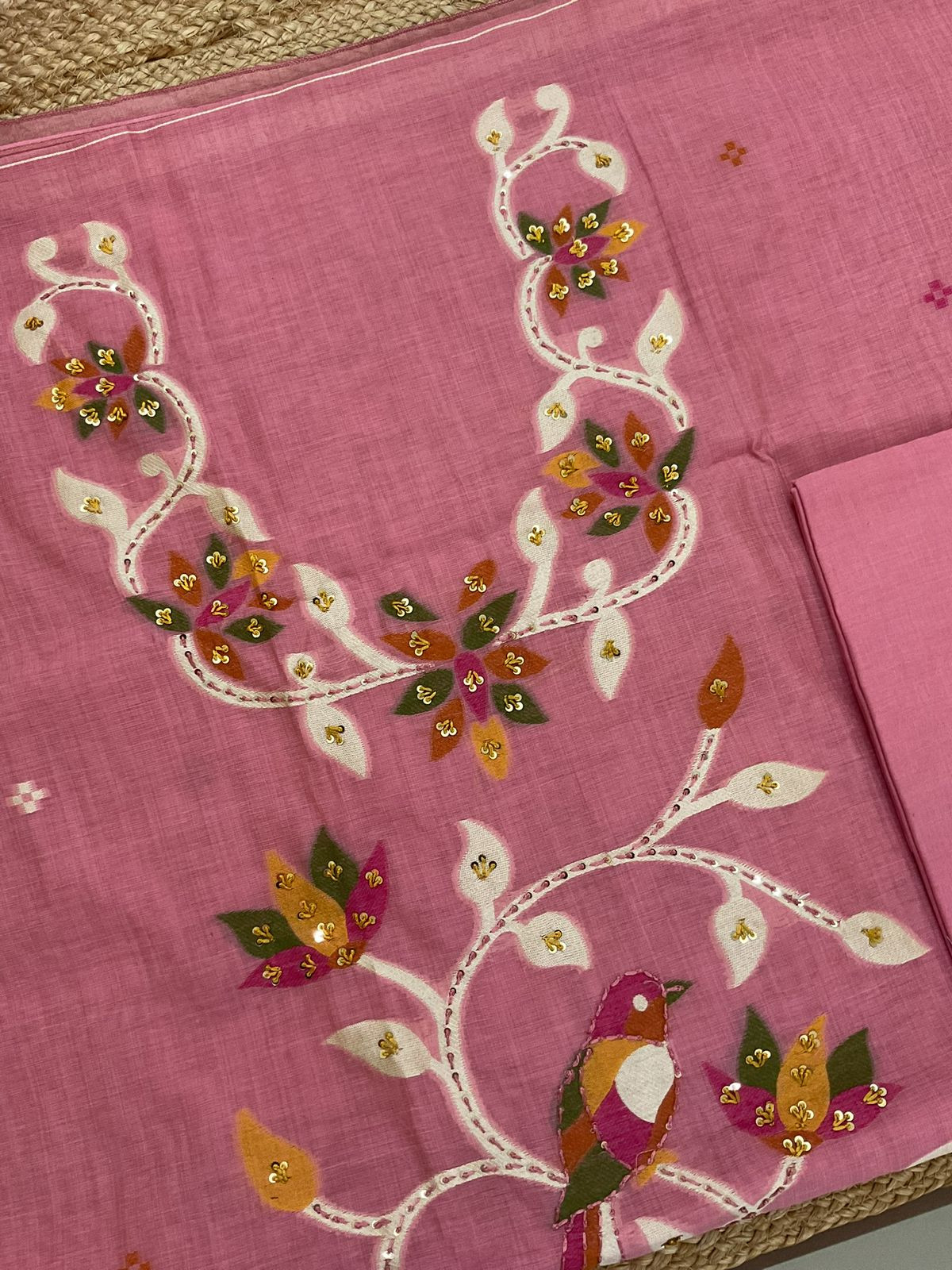 Soft Slub Chanderi Jamdani Weaved Embroidered Suit - Pink