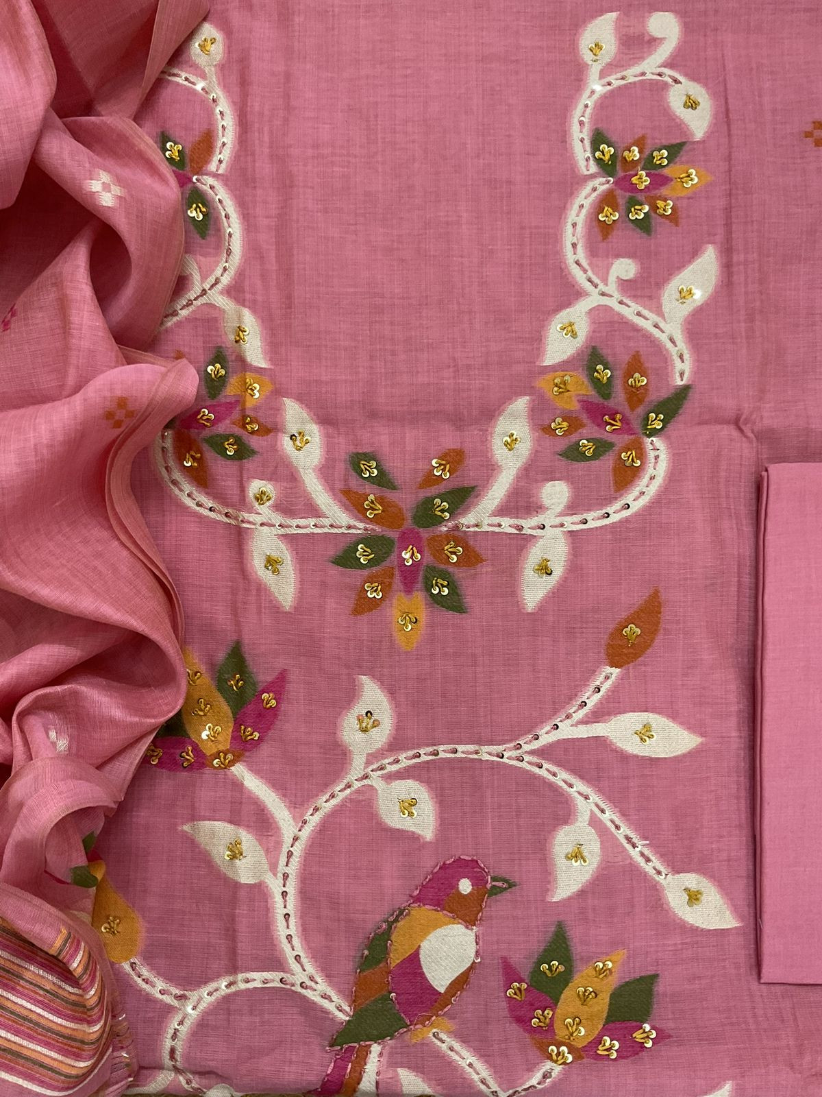 Soft Slub Chanderi Jamdani Weaved Embroidered Suit - Pink