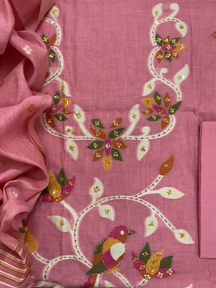 Image of Soft Slub Chanderi Jamdani Weaved Embroidered Suit - Pink