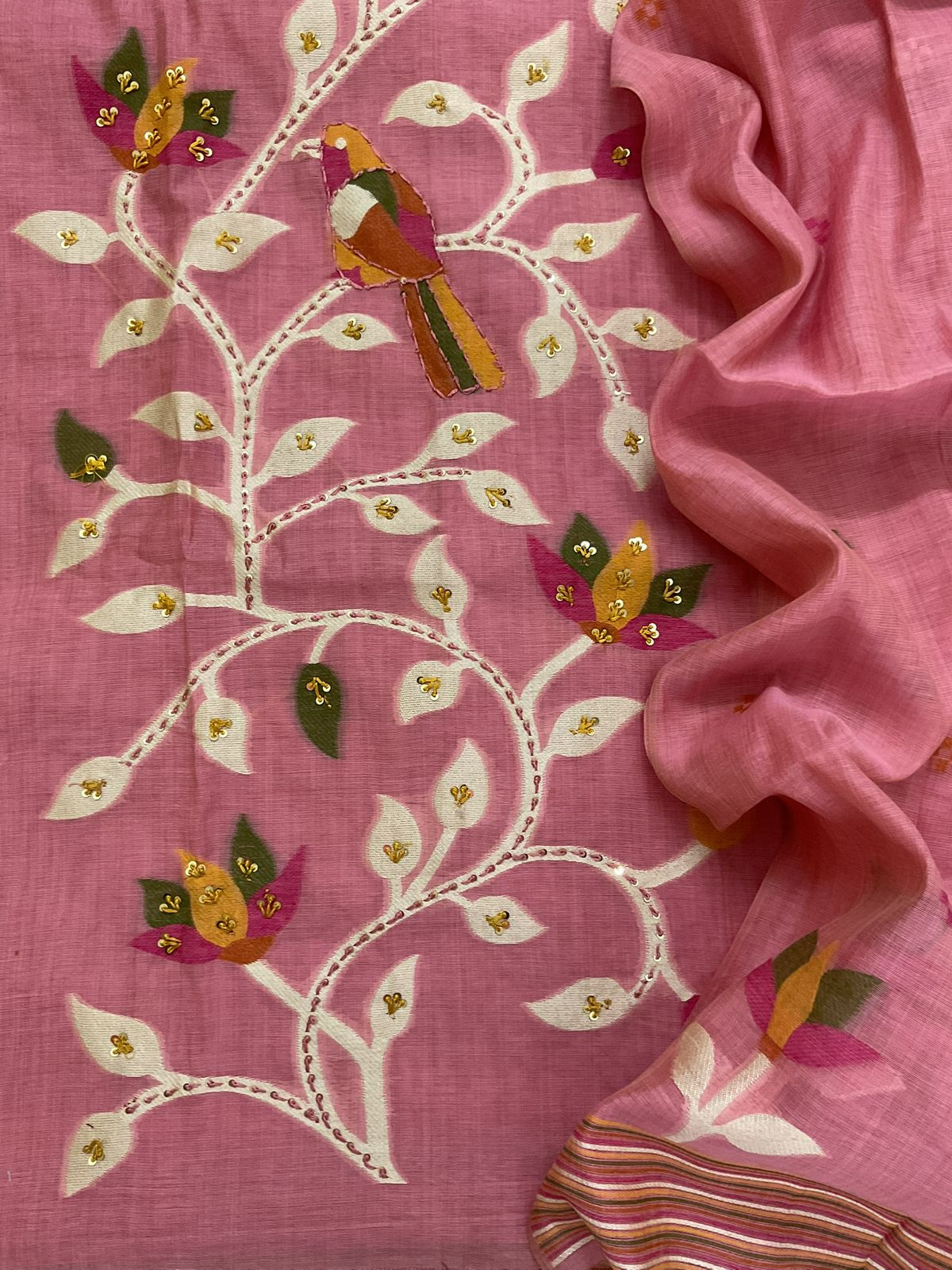 Soft Slub Chanderi Jamdani Weaved Embroidered Suit - Pink