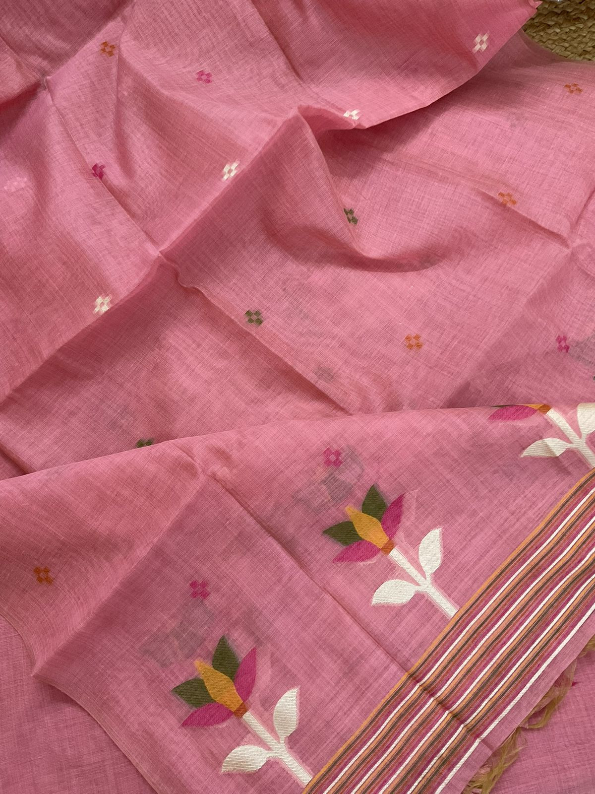 Soft Slub Chanderi Jamdani Weaved Embroidered Suit - Pink