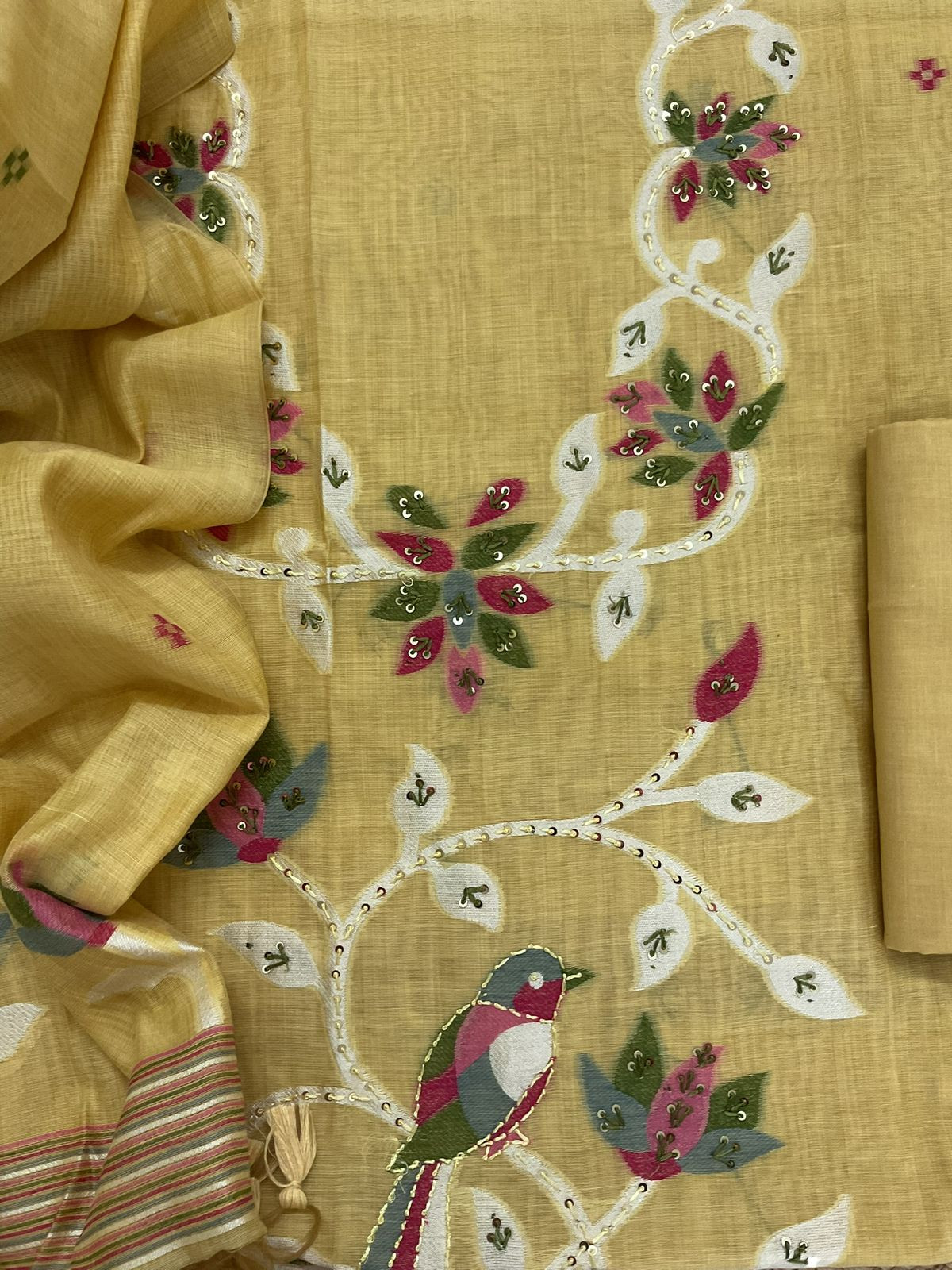 Soft Slub Chanderi Jamdani Weaved Embroidered Suit - Yellow