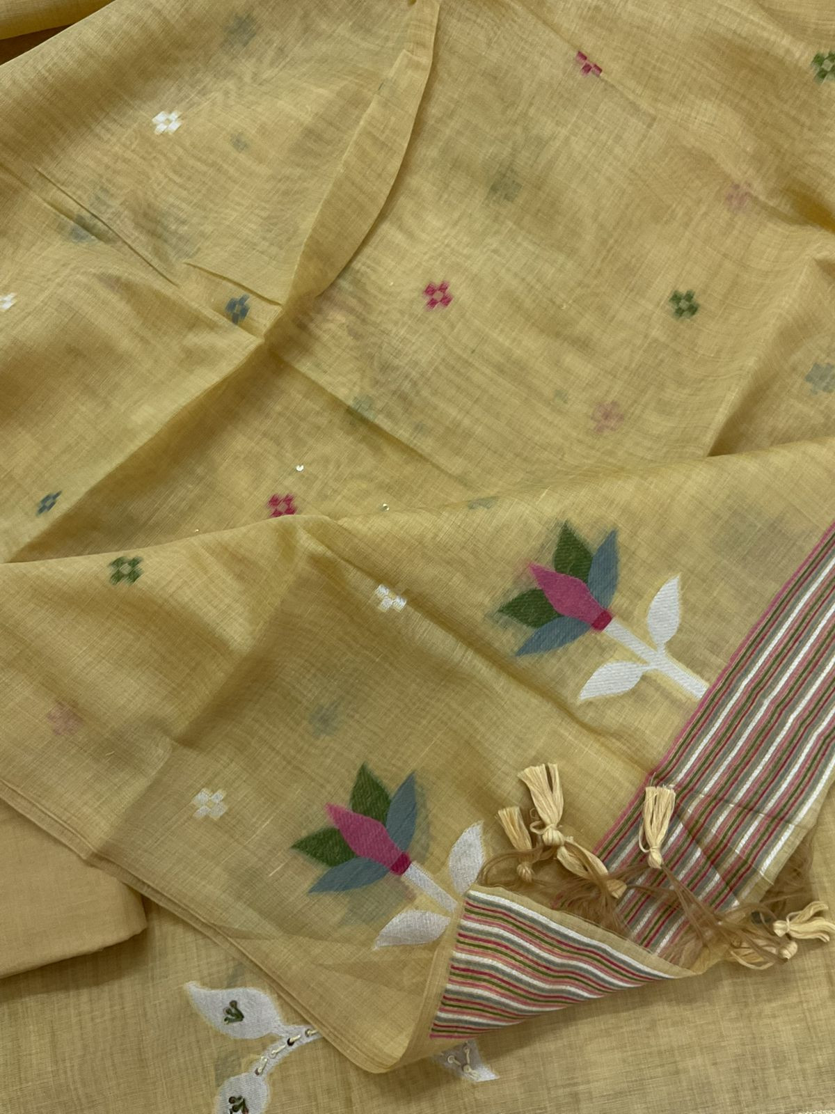 Soft Slub Chanderi Jamdani Weaved Embroidered Suit - Yellow