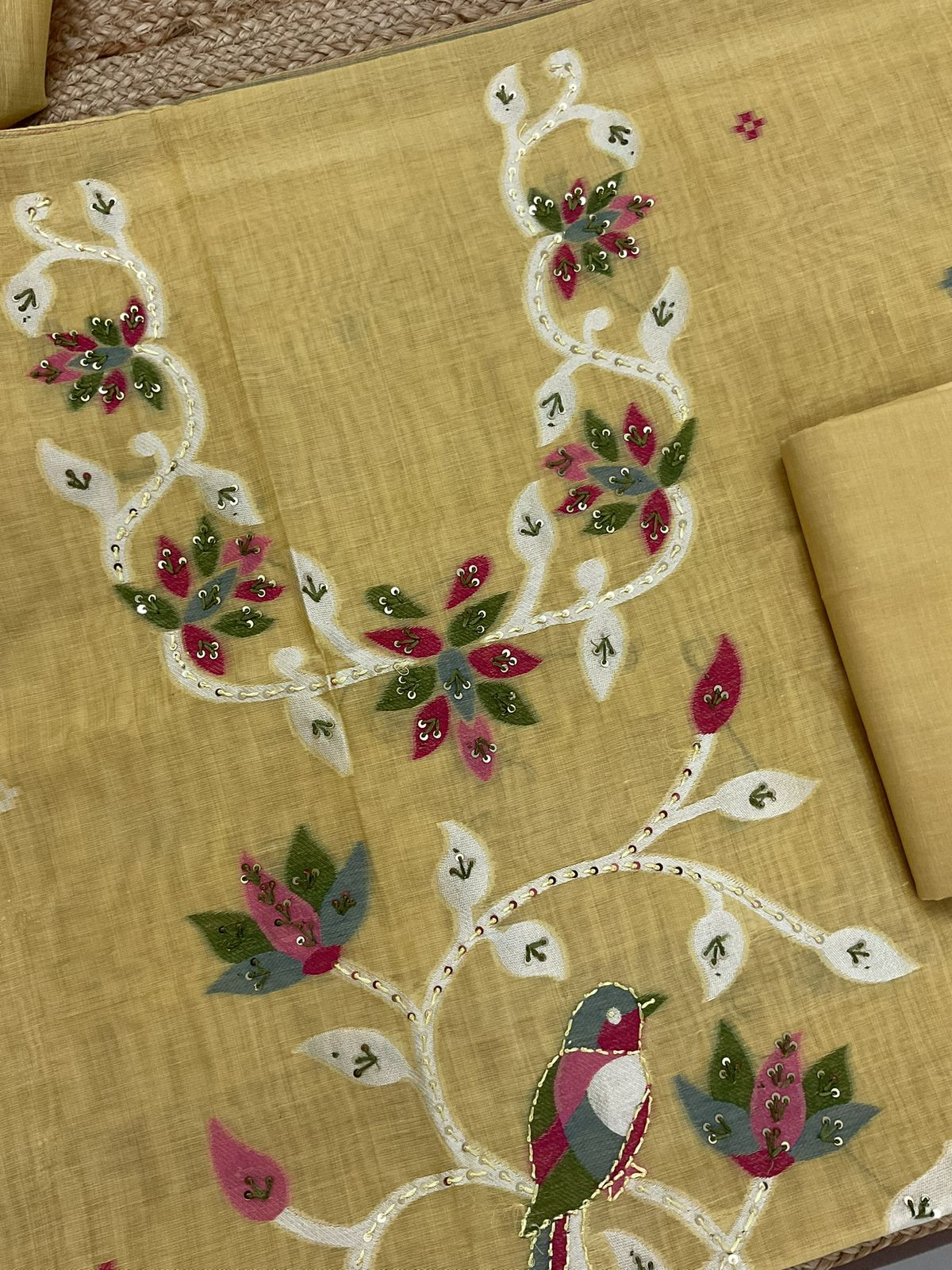 Soft Slub Chanderi Jamdani Weaved Embroidered Suit - Yellow