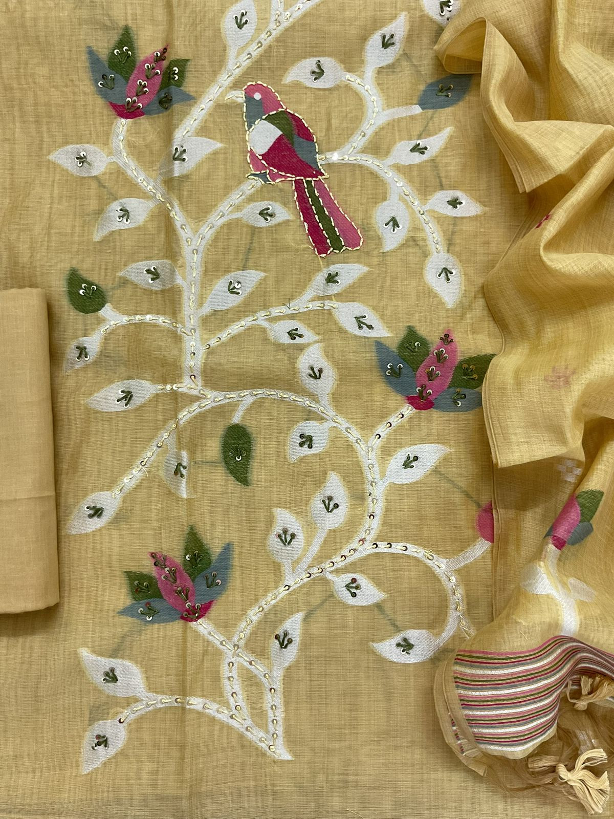 Soft Slub Chanderi Jamdani Weaved Embroidered Suit - Yellow