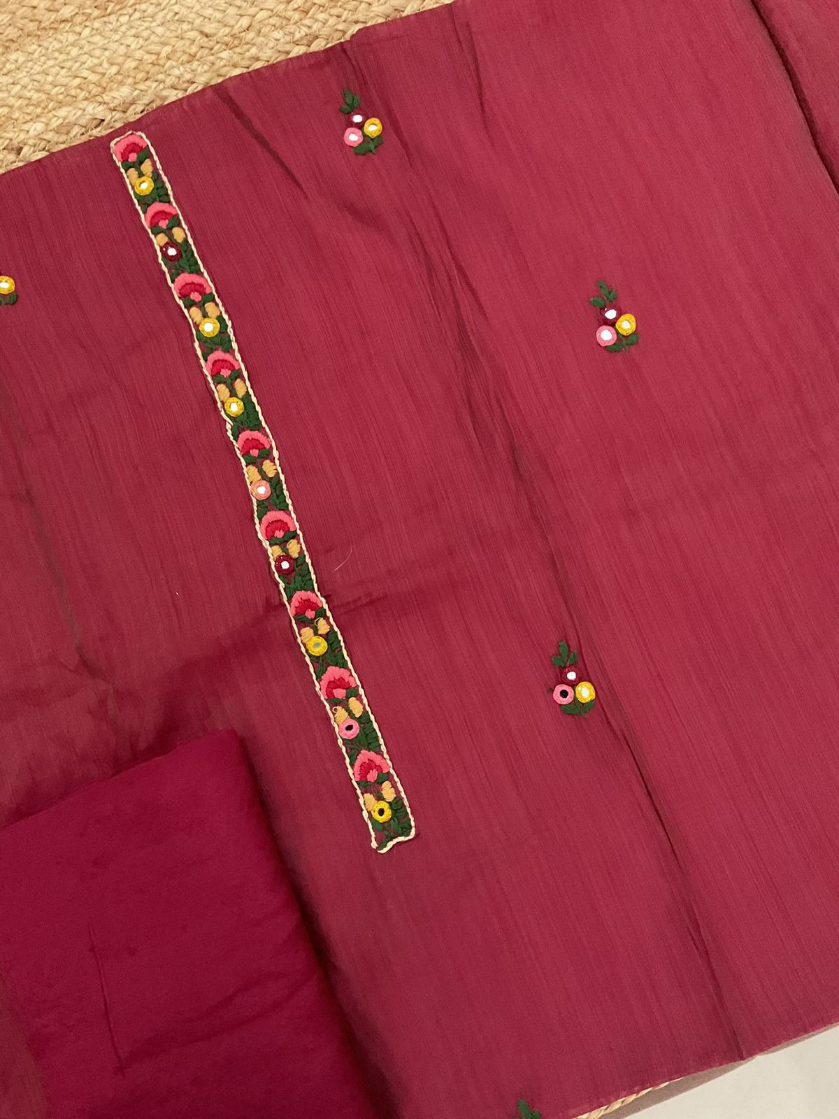 Soft Chanderi Jamdani Weaves Embroidered Suit - Maroon