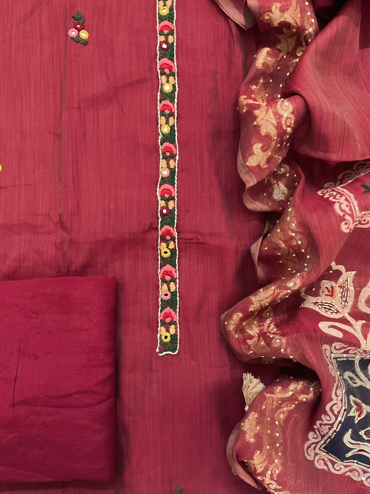 Soft Chanderi Jamdani Weaves Embroidered Suit - Maroon