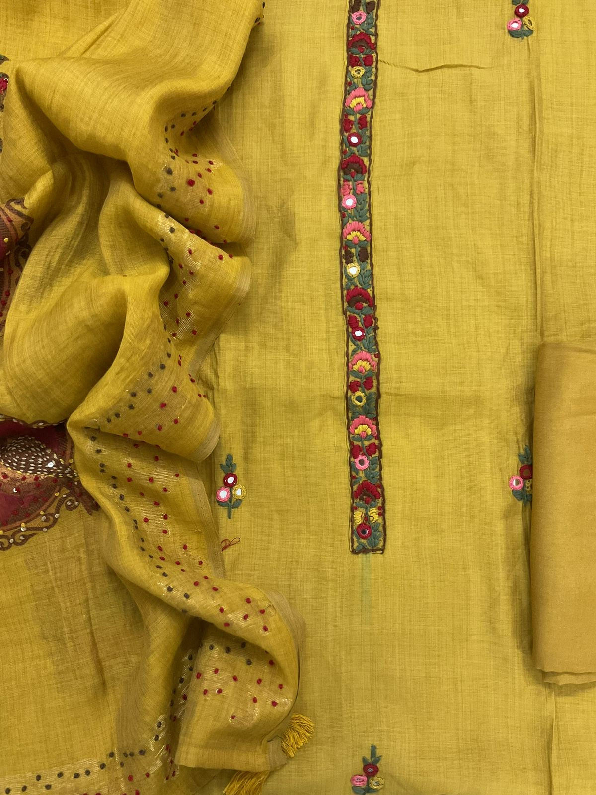 Soft Chanderi Jamdani Weaves Embroidered Suit - Yellow