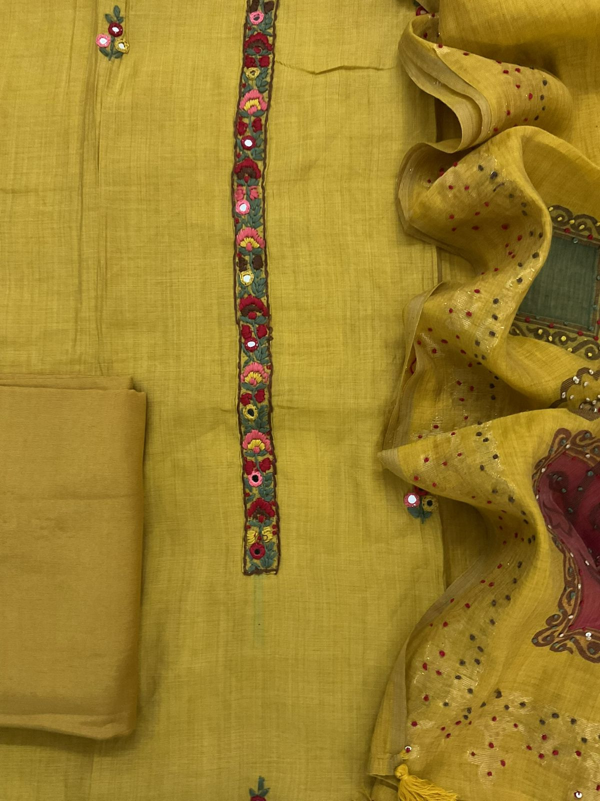 Soft Chanderi Jamdani Weaves Embroidered Suit - Yellow