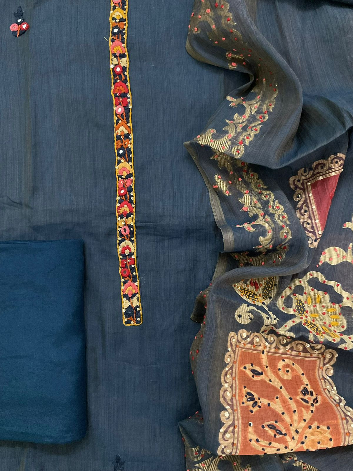 Soft Chanderi Jamdani Weaves Embroidered Suit - Blue