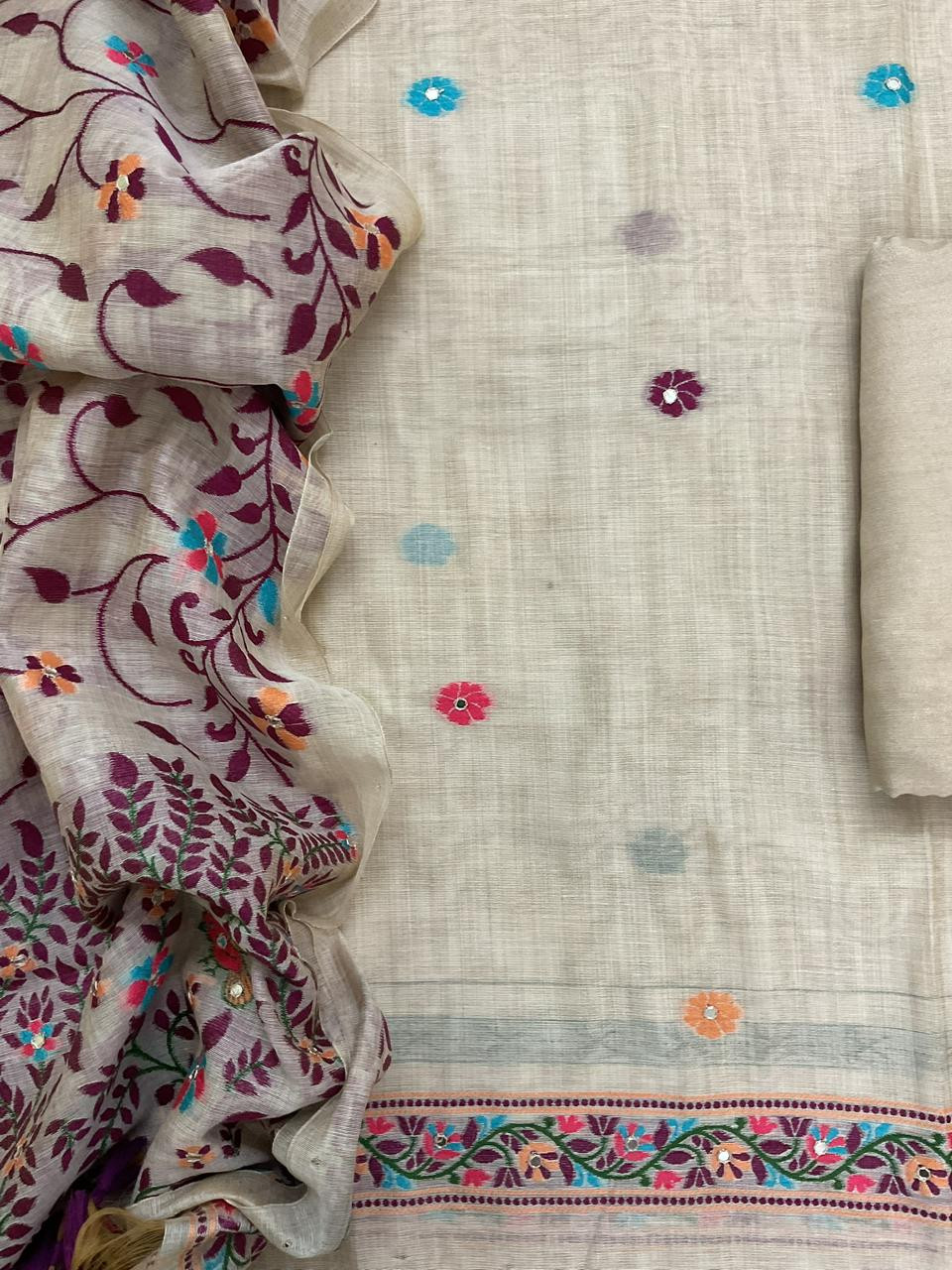 Soft Slub Chanderi Jamdani Weaved Embroidered Suit - Beige