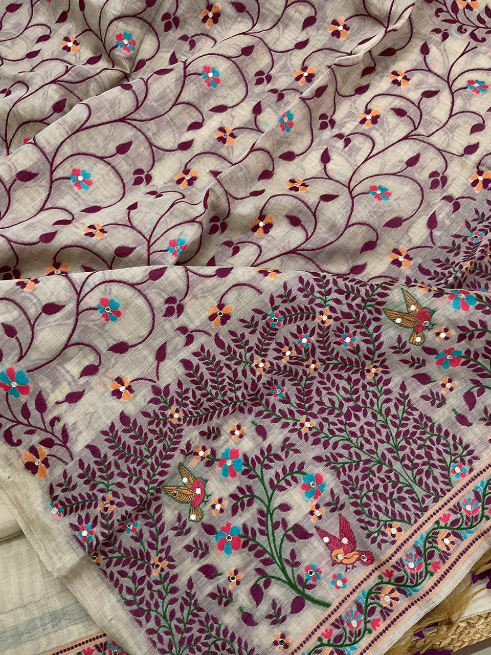 Soft Slub Chanderi Jamdani Weaved Embroidered Suit - Beige