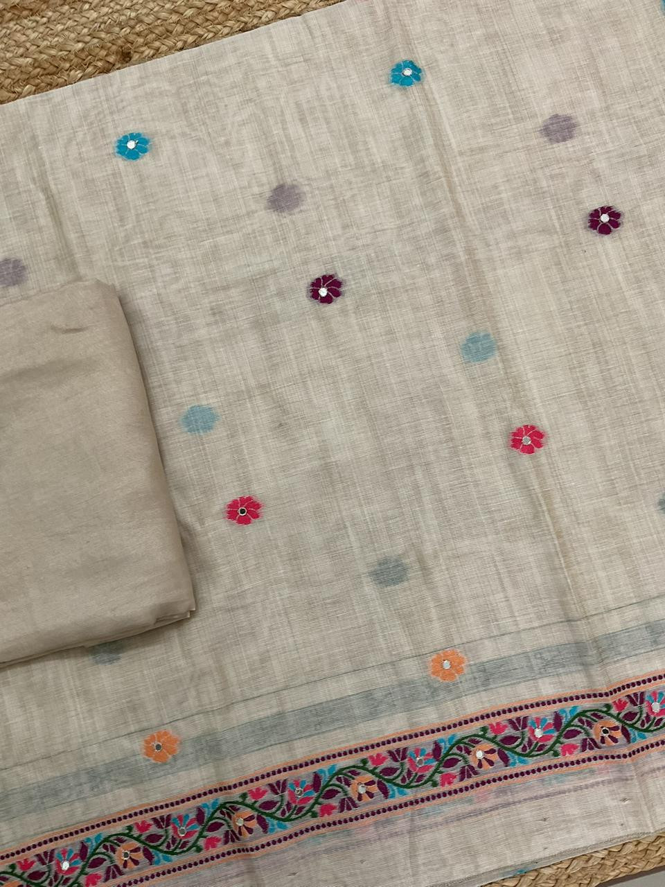 Soft Slub Chanderi Jamdani Weaved Embroidered Suit - Beige