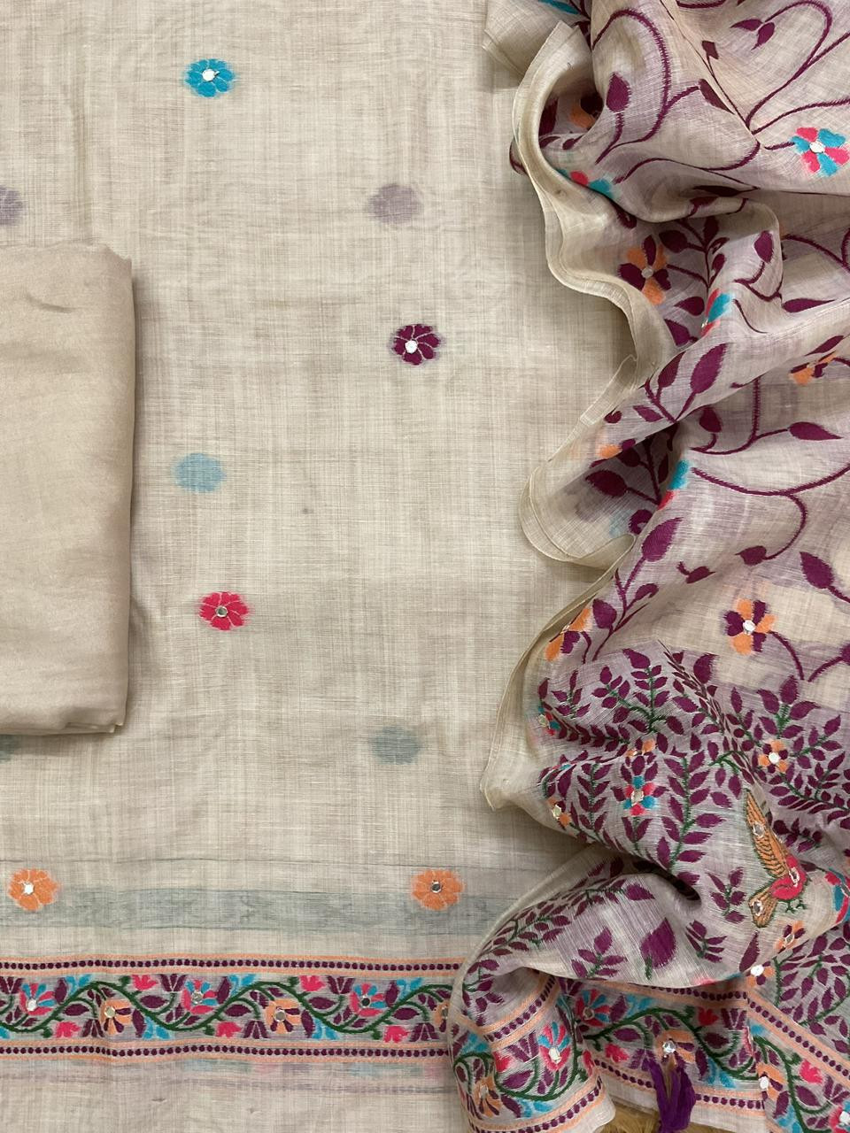 Soft Slub Chanderi Jamdani Weaved Embroidered Suit - Beige