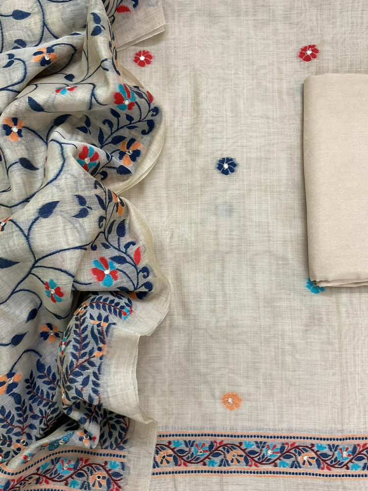 Image of Soft Slub Chanderi Jamdani Weaved Embroidered Suit - Beige