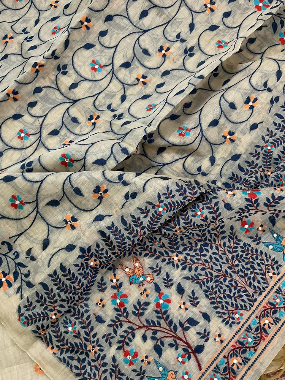 Soft Slub Chanderi Jamdani Weaved Embroidered Suit - Beige