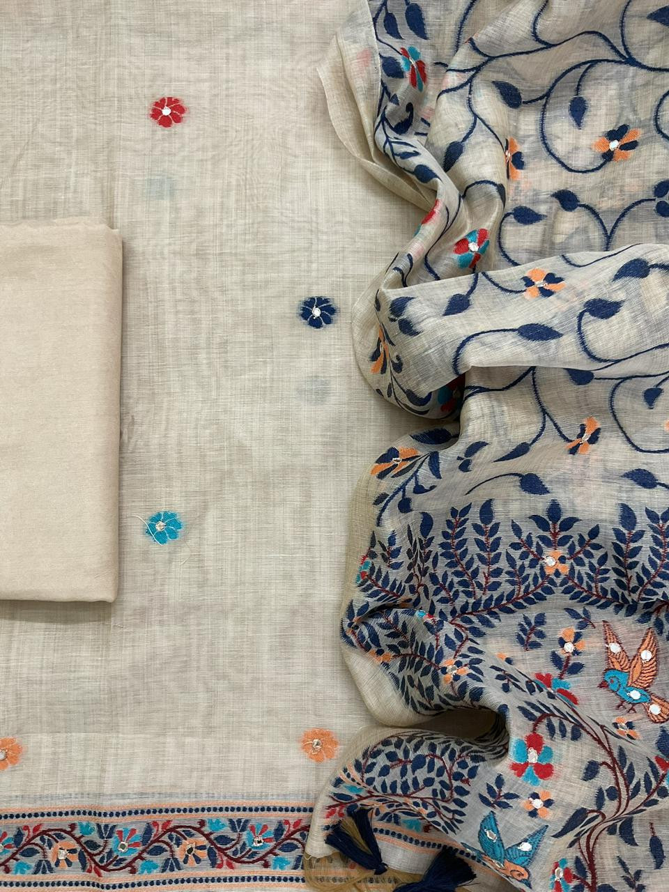 Soft Slub Chanderi Jamdani Weaved Embroidered Suit - Beige