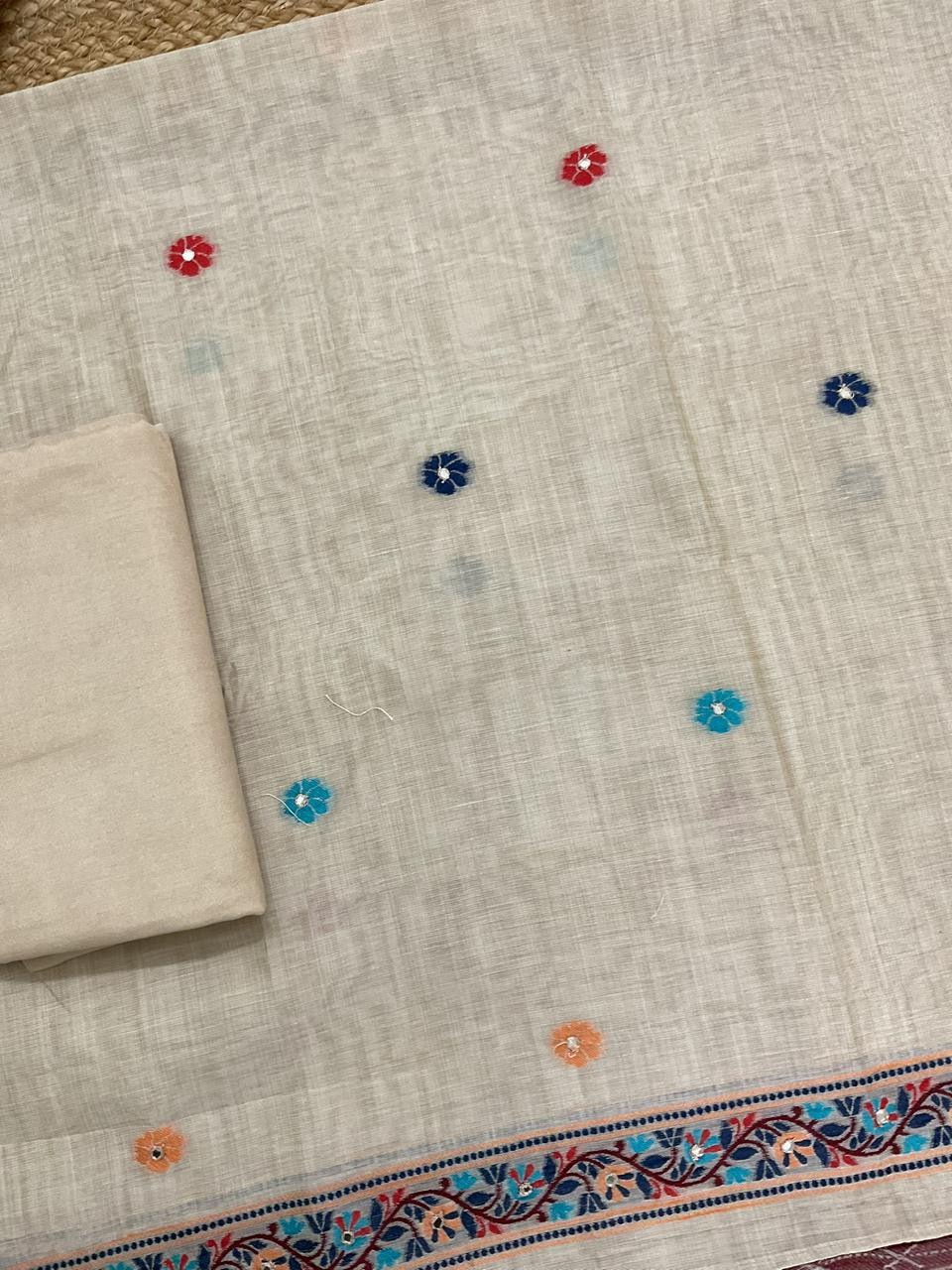 Soft Slub Chanderi Jamdani Weaved Embroidered Suit - Beige
