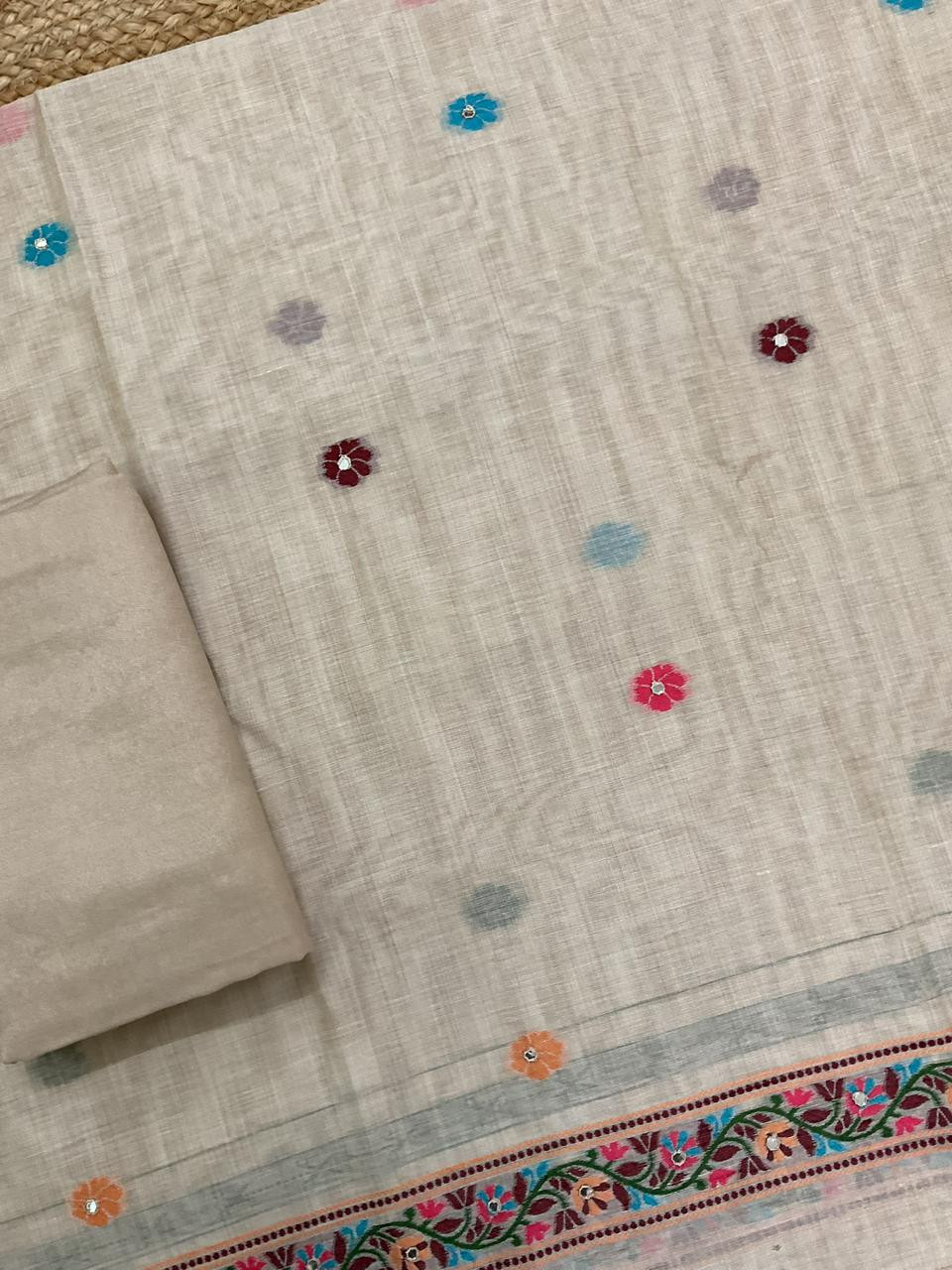 Soft Slub Chanderi Jamdani Weaved Embroidered Suit - Beige