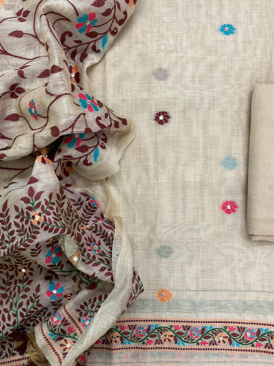 Soft Slub Chanderi Jamdani Weaved Embroidered Suit - Beige