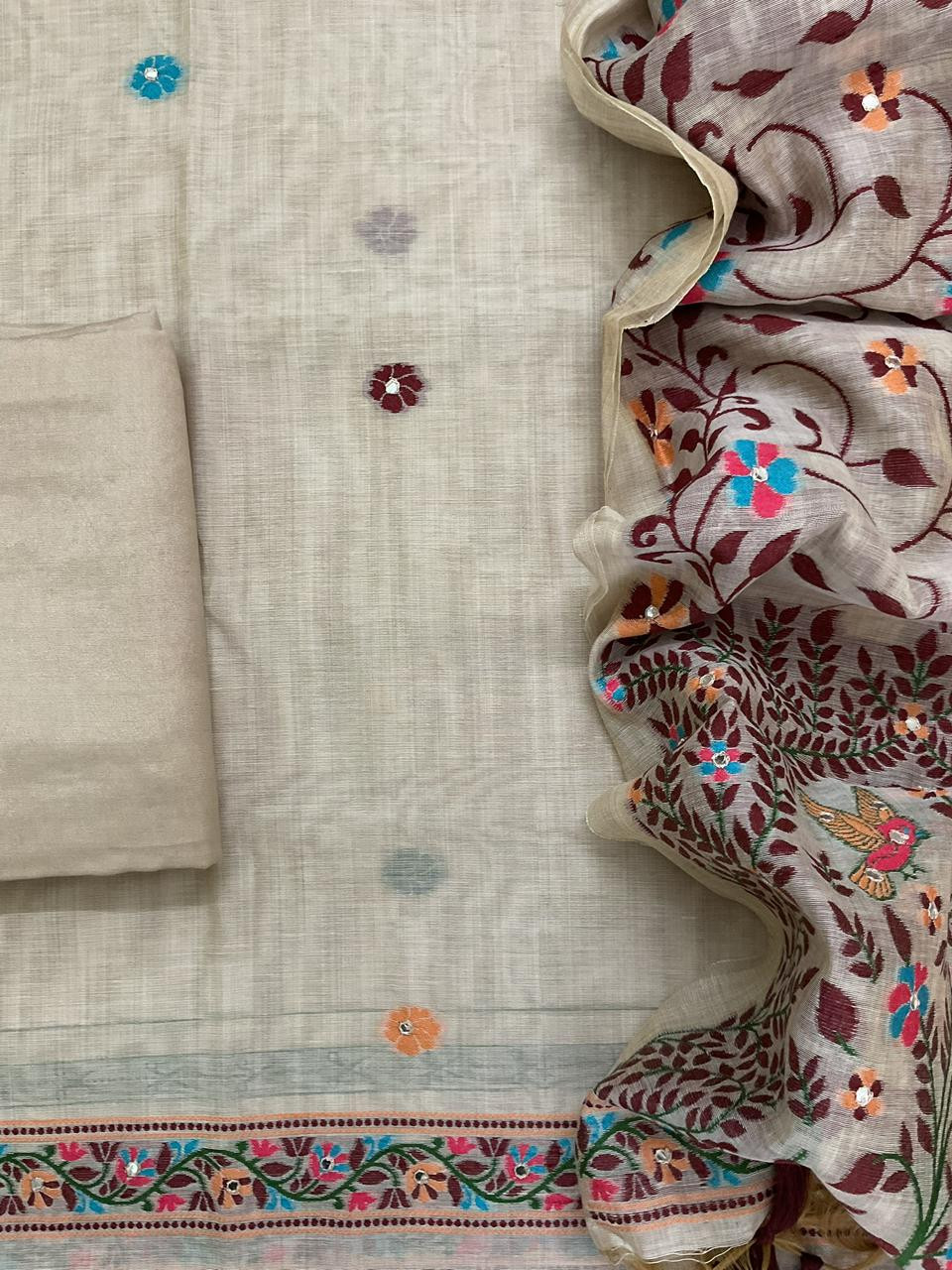 Soft Slub Chanderi Jamdani Weaved Embroidered Suit - Beige