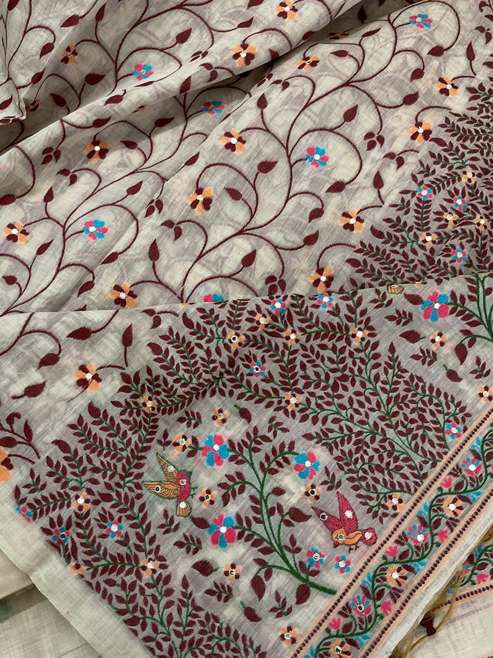 Soft Slub Chanderi Jamdani Weaved Embroidered Suit - Beige