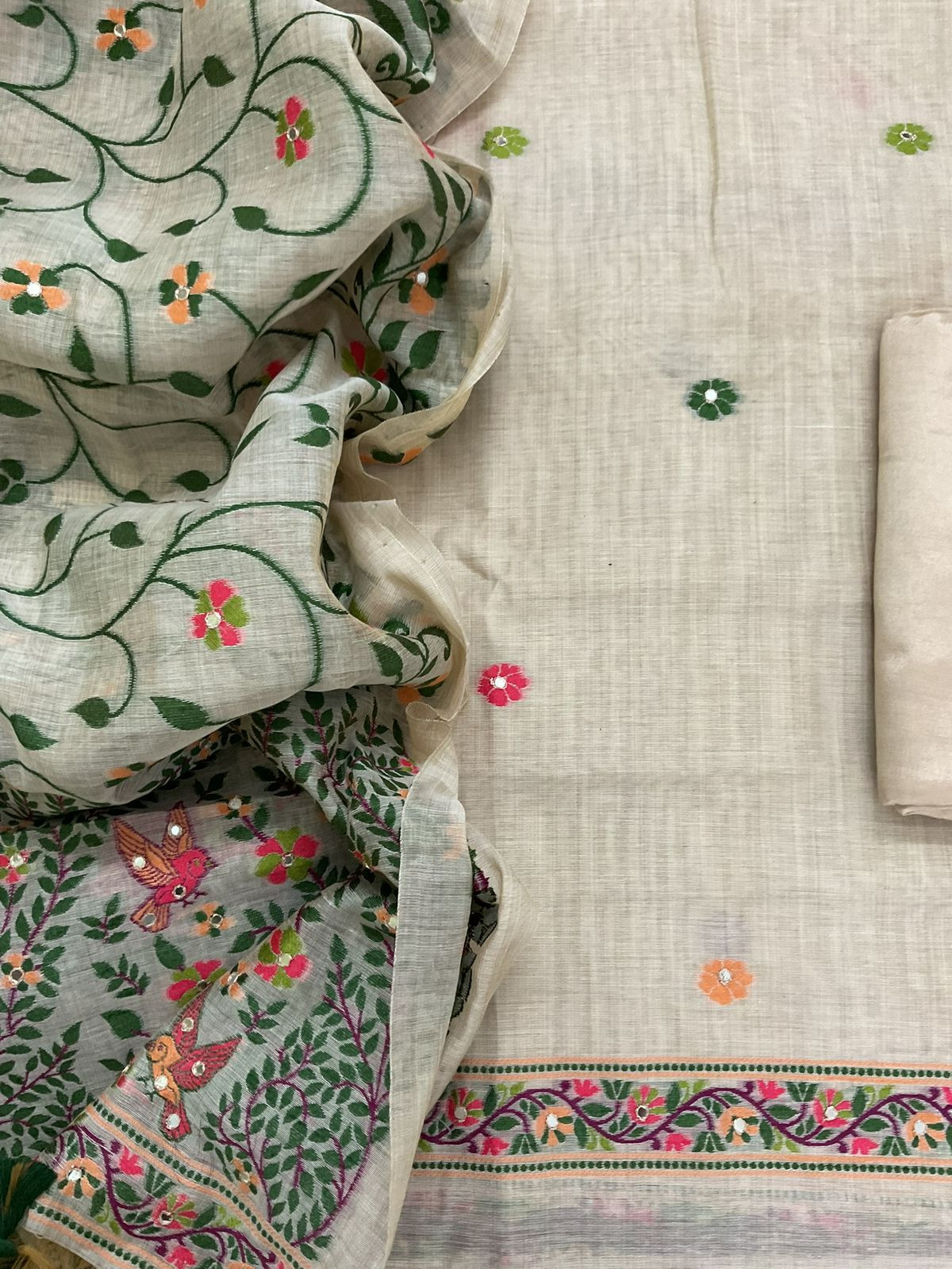 Soft Slub Chanderi Jamdani Weaved Embroidered Suit - Beige