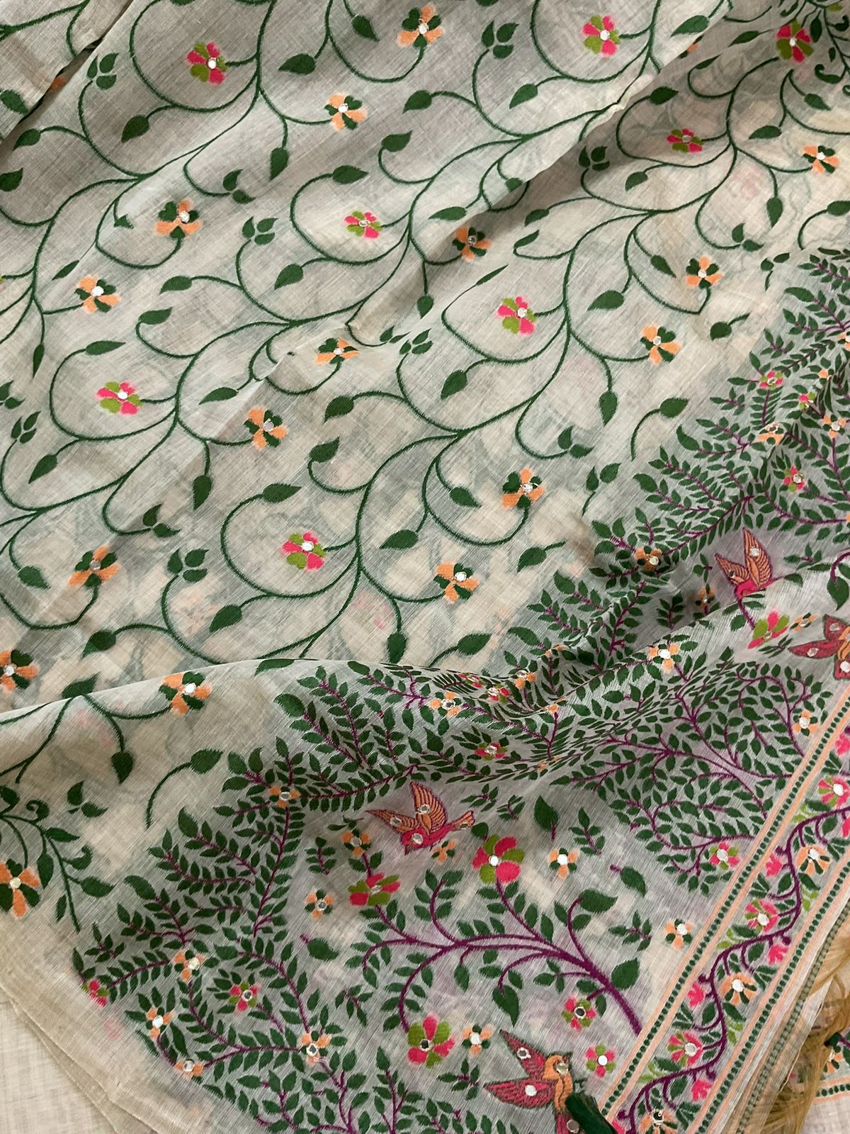 Soft Slub Chanderi Jamdani Weaved Embroidered Suit - Beige