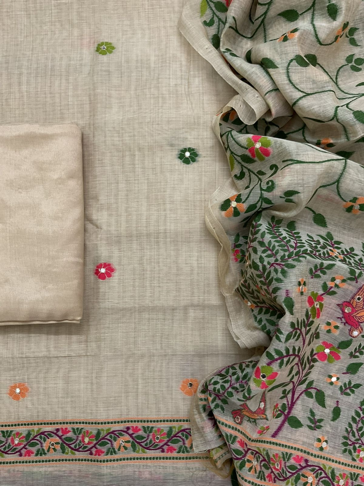 Soft Slub Chanderi Jamdani Weaved Embroidered Suit - Beige