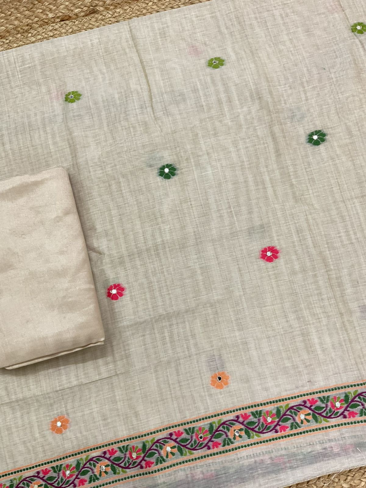 Soft Slub Chanderi Jamdani Weaved Embroidered Suit - Beige