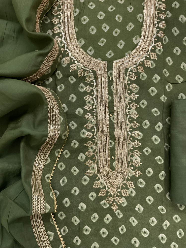 Image of Soft Muslin Printed Embroidered Suit - Dark Green