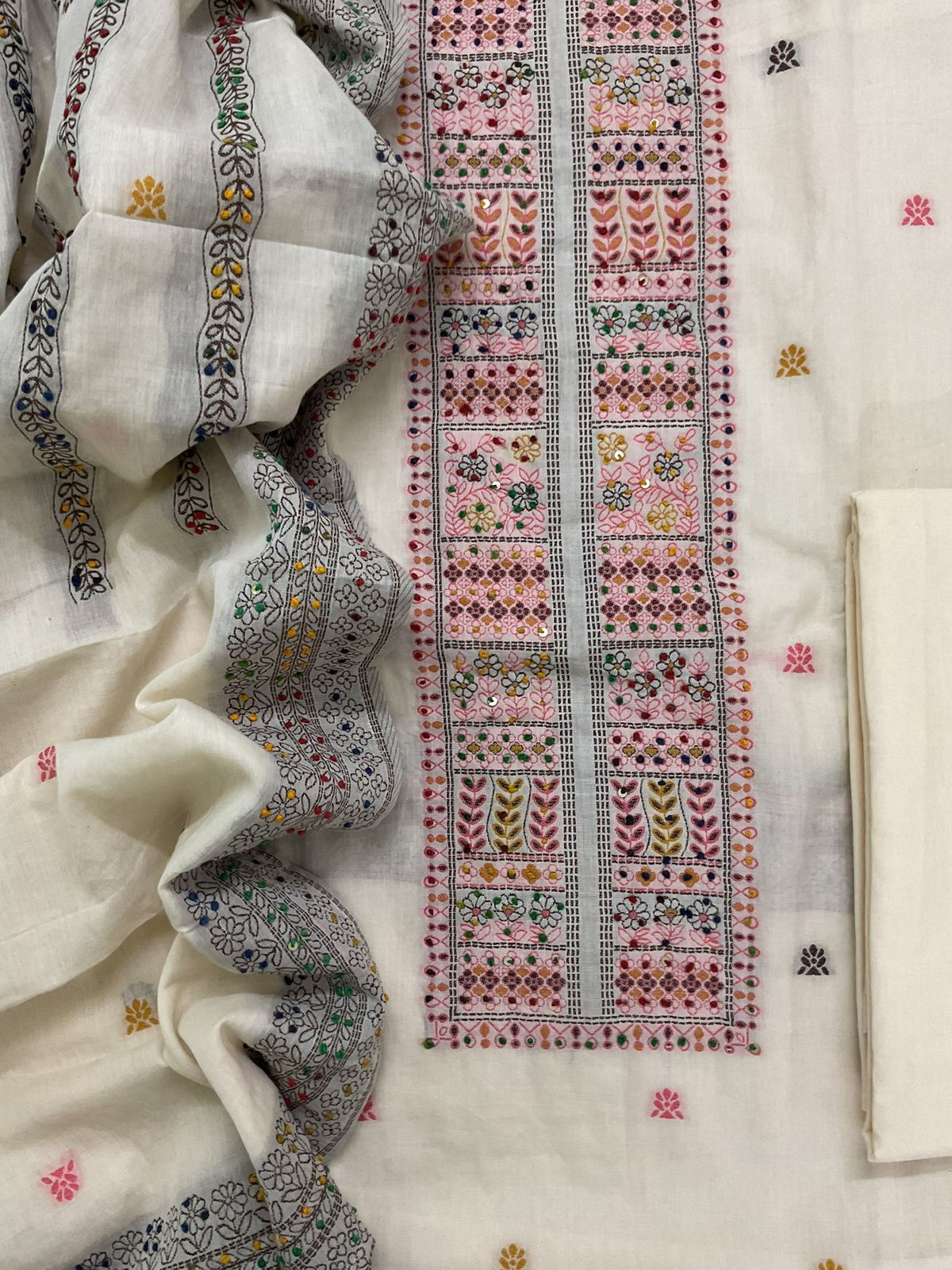 Pure Cotton Jamdani Weaved Embroidered Suit - Off White