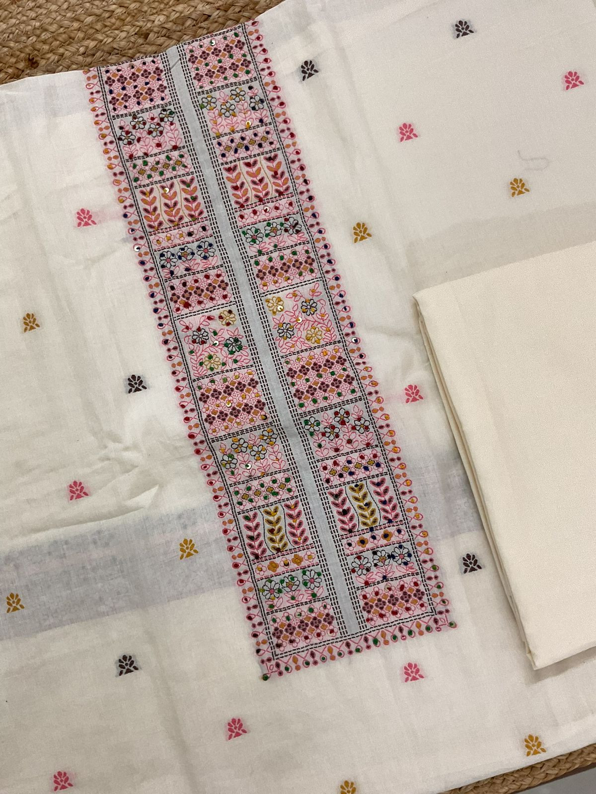 Pure Cotton Jamdani Weaved Embroidered Suit - Off White