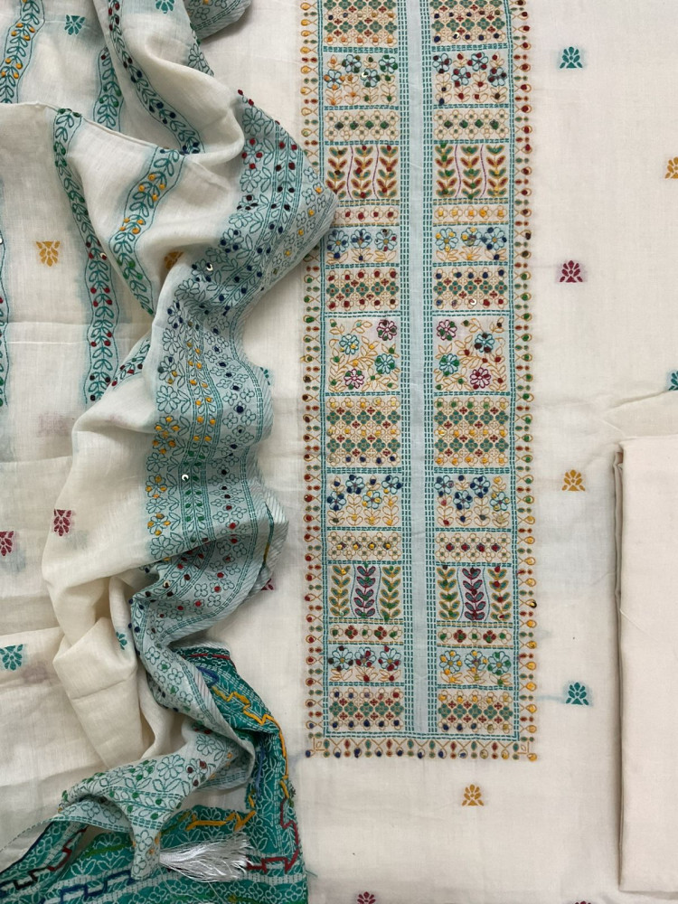 Image of Pure Cotton Jamdani Weaved Embroidered Suit - Off White